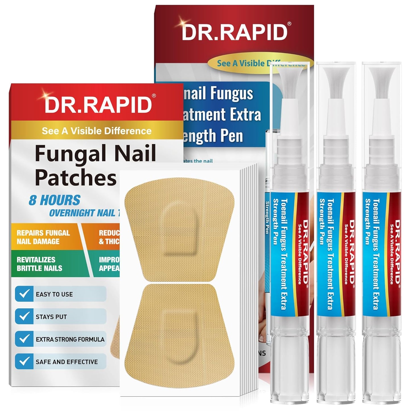 Toenail Fungus Treatment Pen & Fungal Nail Patches Set - Extra Strength Day & Night Care for Damaged Nails