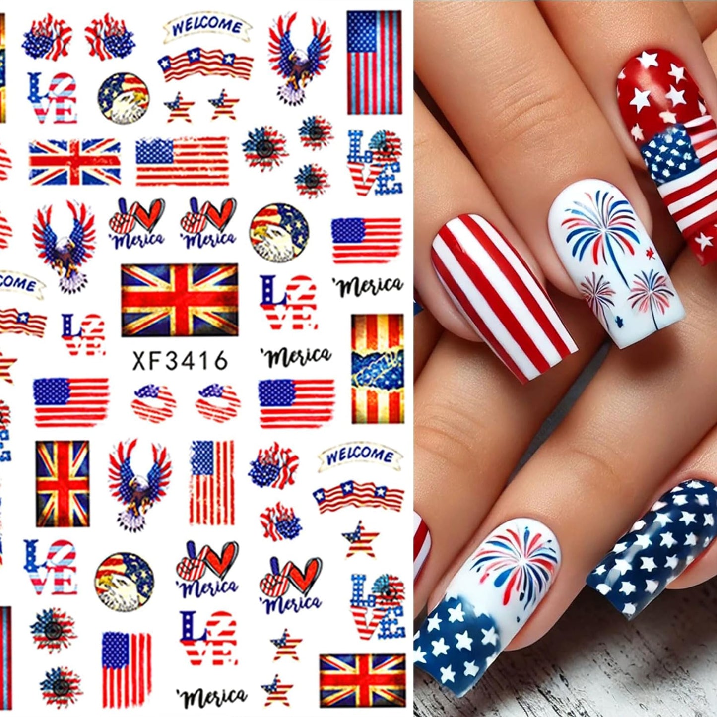 8 Sheets 4th of July Nail Stickers for Nail Art American Flag Patriotic Nail Decals Independence Day Nail Art Stickers USA Flags Butterfly Heart Star Holiday Nail Design for Women