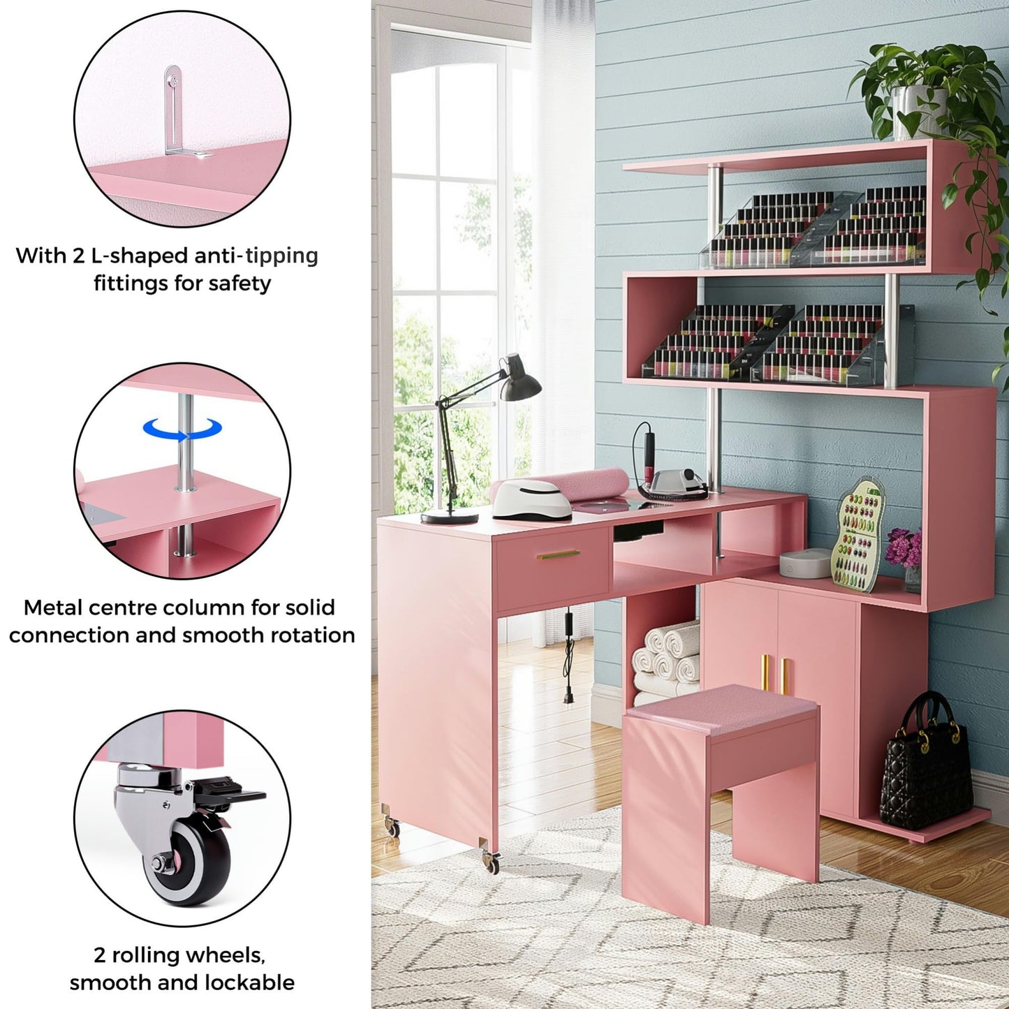 Kikihouse Manicure Table Nail Desk with Stool, L-Shaped Nail Tech Desk with Dust Collector, Two-Way Drawer, Cabinet & Storage Shelves, Rotating Reversible Manicure Workstation on Wheels (Pink)