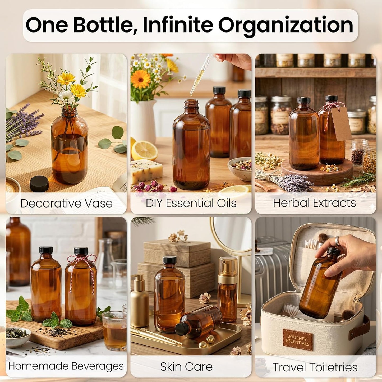 15oz Amber Glass Bottles - 16 Pack Boston Round with Airtight Caps for Extracts, Kombucha & Herbal Liquids