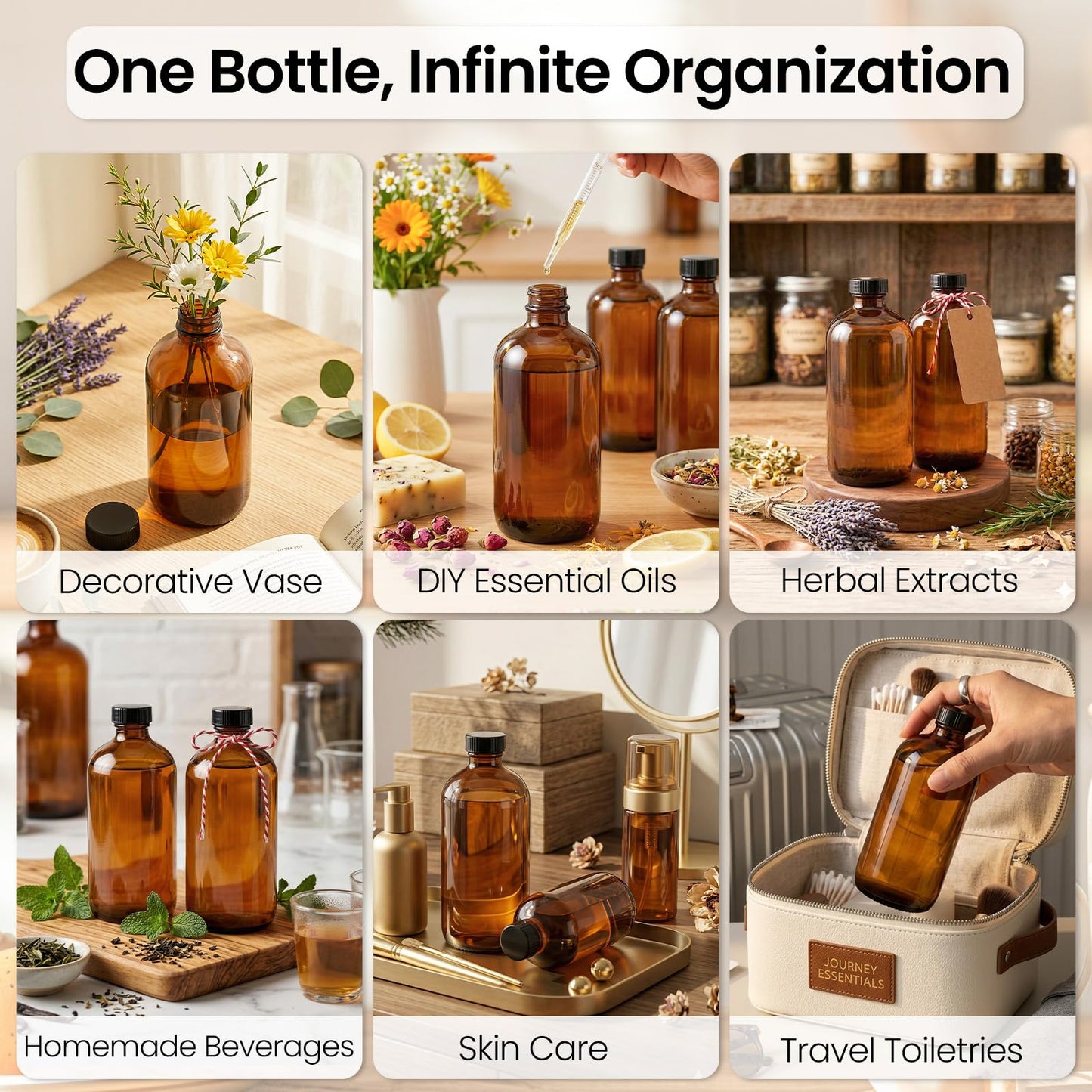TBWIND 15 Pack 16oz Amber Glass Bottles with Lids, Boston Round Bottles with Airtight Polycone Caps for Homemade Vanilla Extract, Kombucha, Syrups, Herbal Liquids & Tinctures