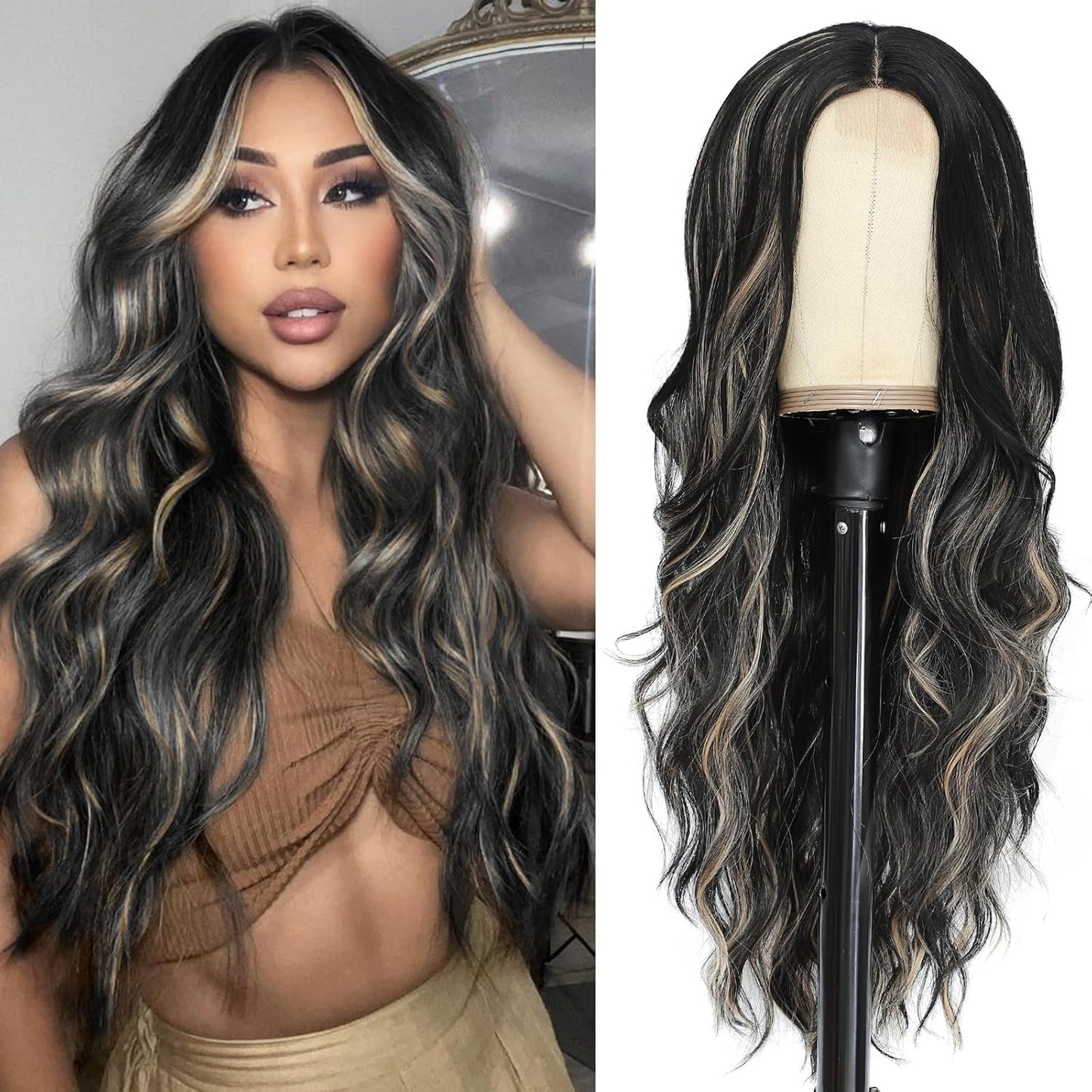 NAYOO Brown Wigs for Women - Long Curly Wavy Hair | Heat Resistant Synthetic Fiber, 24 Inches