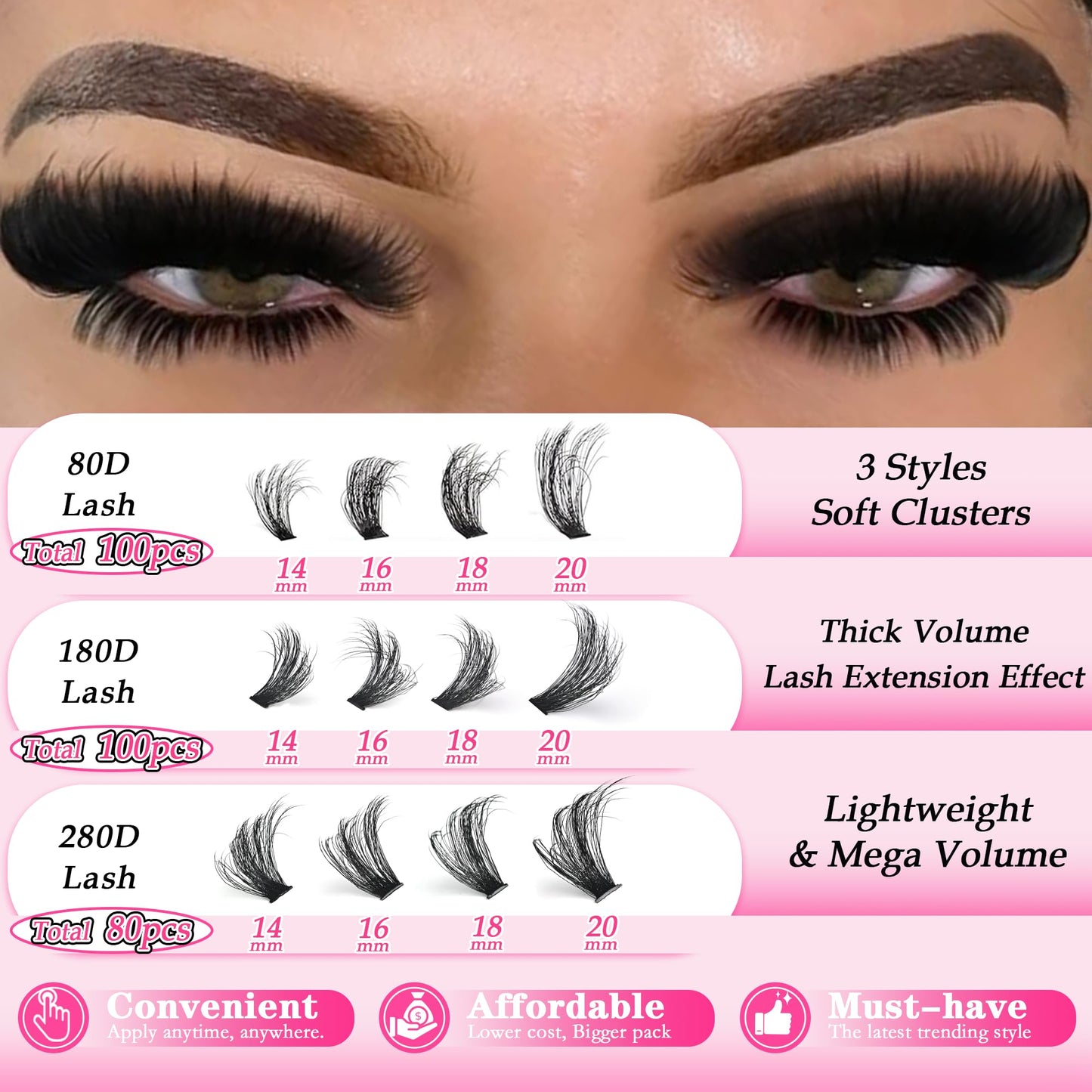 Thick Lash Clusters 14-20MM Volume Lash Extension 80D+180D+280D Eyelash Clusters 3 Styles Individual Lashes 280pcs Eyelash Extensions D Curly Lash Extension DIY at Home by Anforlin