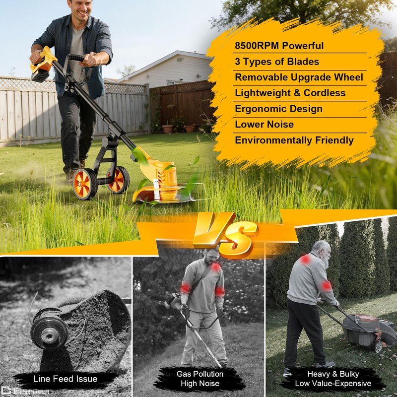 Electric Weed Wacker Cordless with Wheels,Electric Weed Eater Battery Powered 4000mAh,4 in 1 Grass Trimmer/Brush Cutter/Grass Edger/Lawn Mower,No String Trimmer with Blade, 2 Battery (Black Yellow)