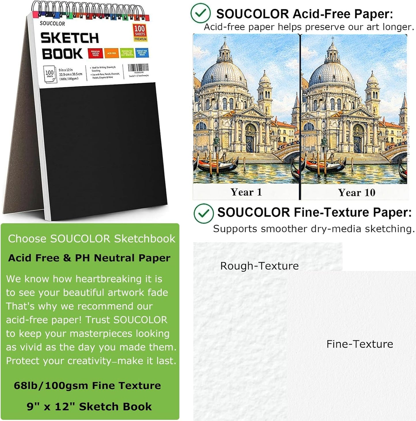 Soucolor Sketch Book - 9" x 12" Top Spiral Bound, 100 Sheets Acid-Free Drawing Paper | Ideal for Kids, Adults & Artists