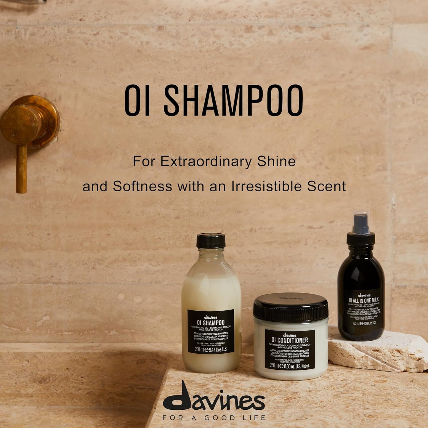 Davines OI Shampoo - Milky-Smooth Hydrating Cleanser for All Hair Types | Antioxidant-Rich Roucou Oil for Shine & Softness