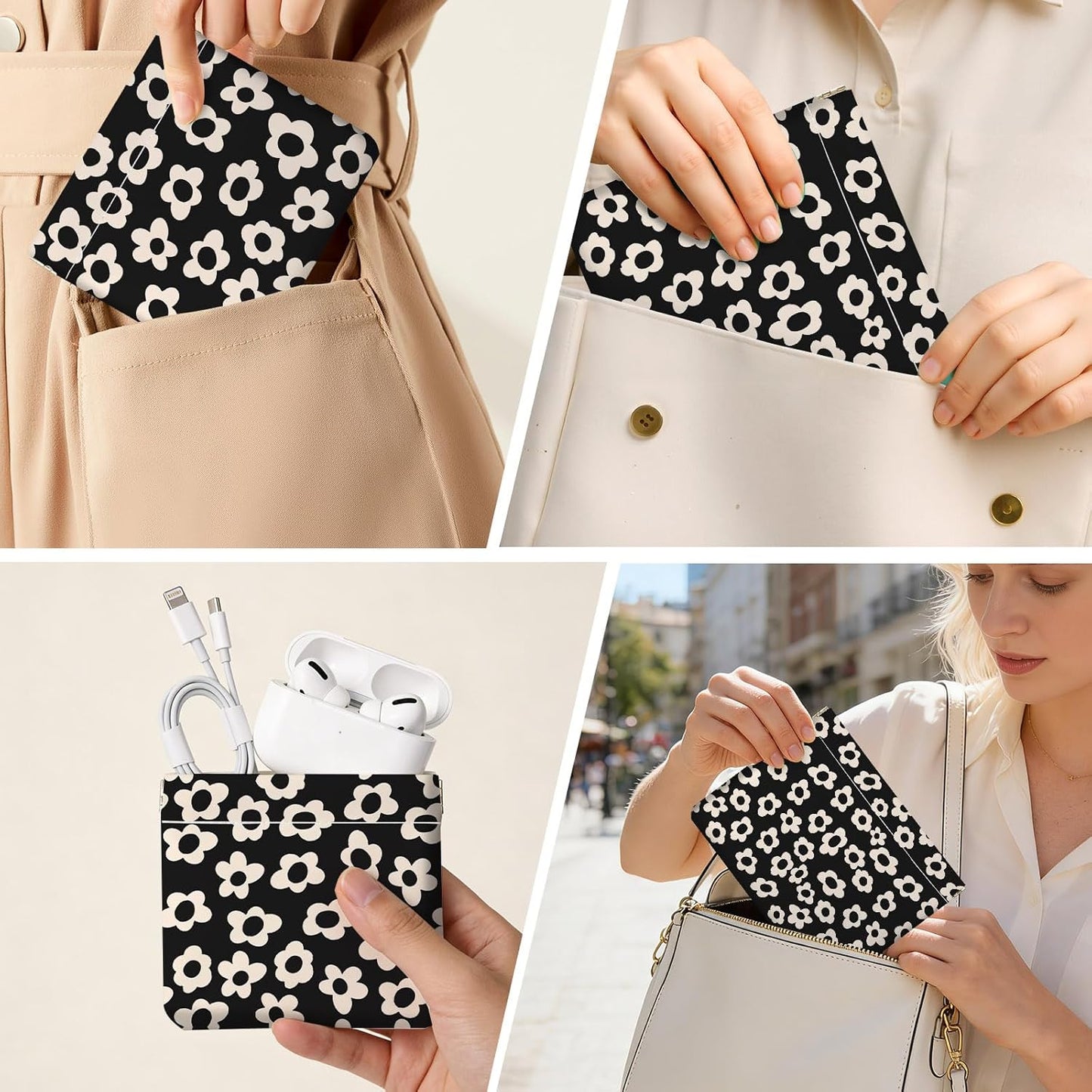 Makeup Bag Set - 2 PCS PU Leather Cosmetic Organizers | Portable Self-Closing Pouches for Travel - Black & Beige Floral