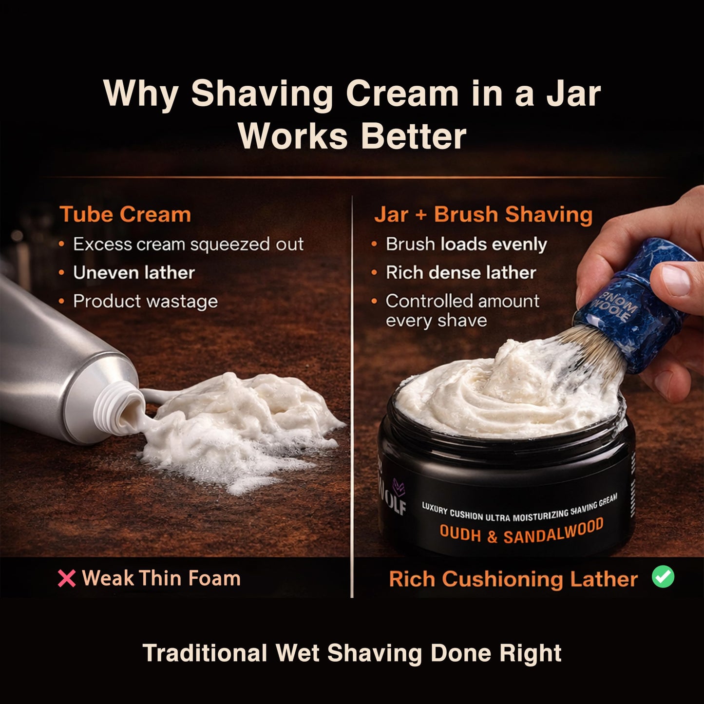 Pink Woolf Shaving Cream for Men, Rich Lather Wet Shave Cream for Shaving Brush, Smooth Razor Glide, Softens Beard, Oudh & Sandalwood Barbershop Scent, Traditional Shave Cream Jar, 3.5 oz