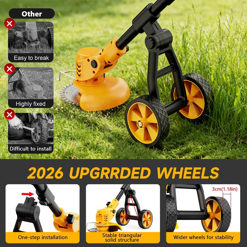 Electric Weed Wacker Cordless with Wheels,Electric Weed Eater Battery Powered 4000mAh,4 in 1 Grass Trimmer/Brush Cutter/Grass Edger/Lawn Mower,No String Trimmer with Blade, 2 Battery (Black Yellow)