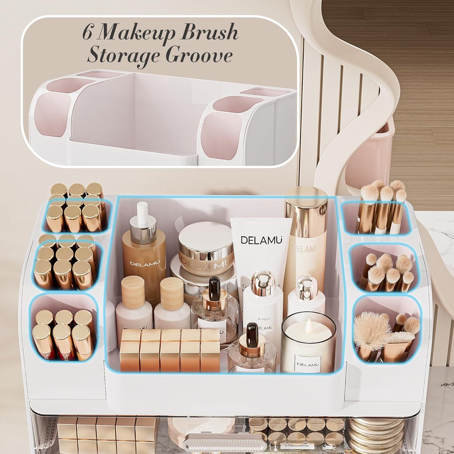 Large Makeup Organizer - 6 Brush Holders & 2 Drawers | White Vanity Storage for Skincare, Lipsticks, and More