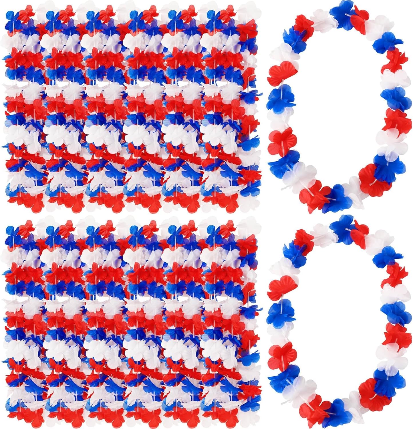 Patriotic Leis - 24 Pack Red White and Blue Flower Necklaces for 4th of July | Hawaiian Luau Decorations