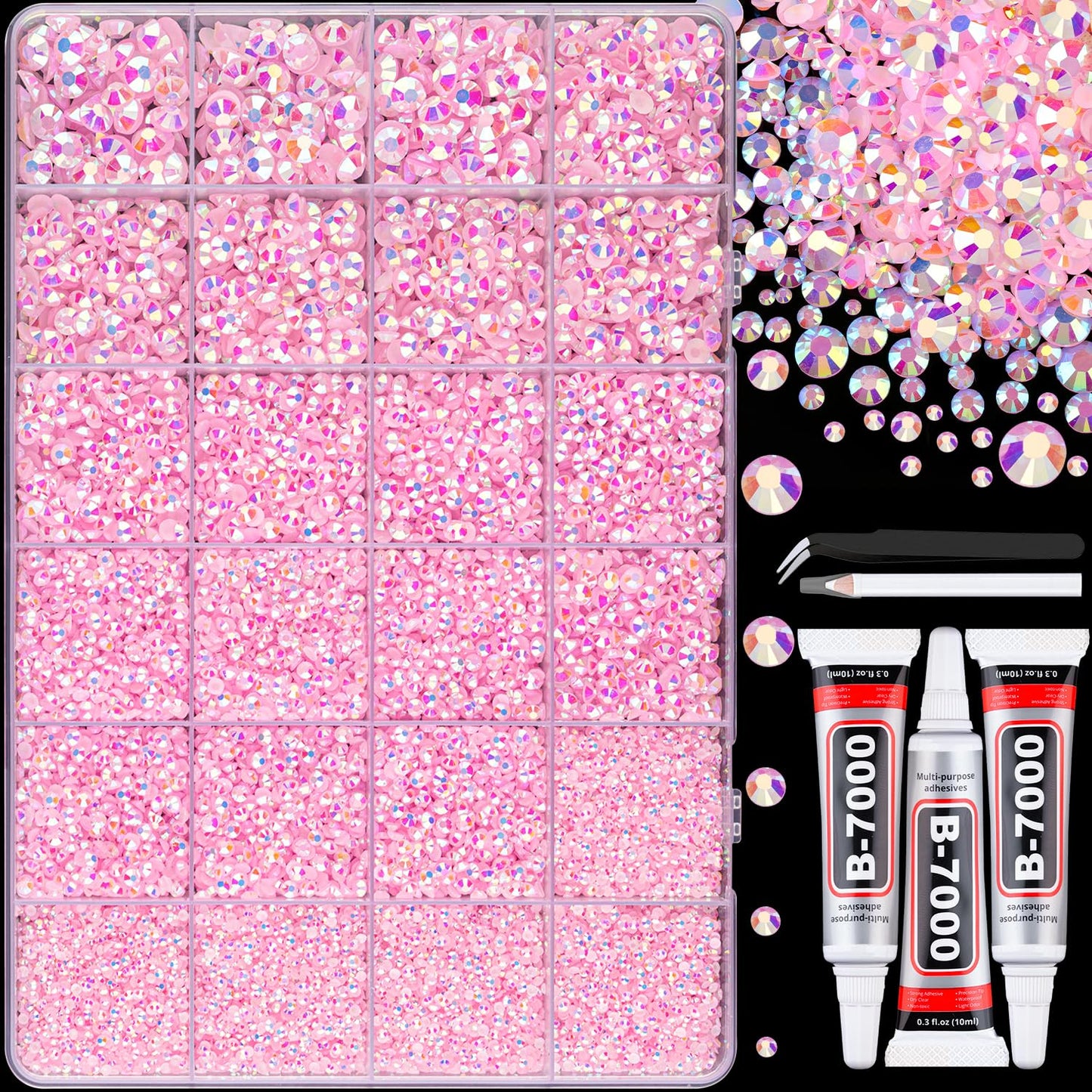 Resin Rhinestones - 32000 Pcs Flatback Gems for Bedazzling | Silver Clear Crystal Kit with 3 Pcs B7000 Glue for Nail Art & Crafts
