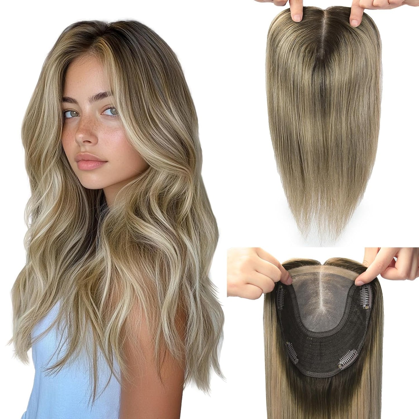 Hair Toppers for Women - Real Human Hair 6x7 Inch Large Base | Balayage Ash Brown to Golden Blonde, 12 Inch Volume Boost