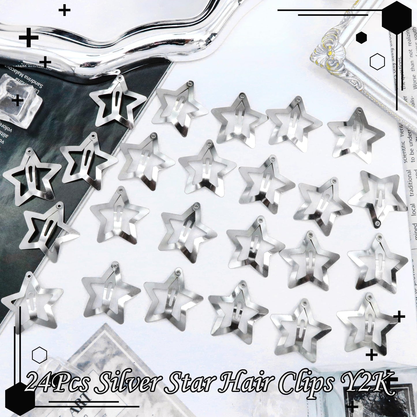 NAISKA 24PCS Star Hair Clips 2000s Y2K Hair Barrettes Silver Non Snap Clips for Cool Girls Metal Pins Star Alligator Clip Rave Hair Accessories for Women Girls