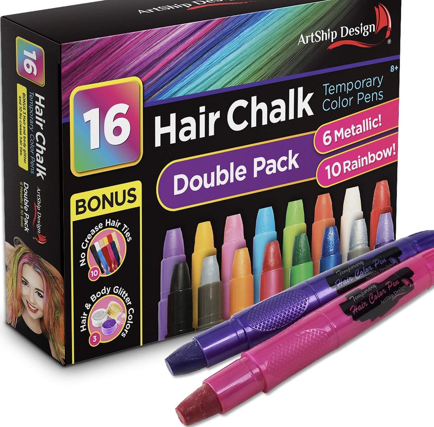 Temporary Hair Color Pens - 16 Vibrant Colors + 6 Glitter Shades | Creaseless Hair Ties Included