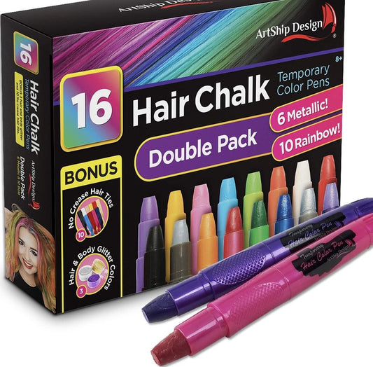 Temporary Hair Color Pens - 16 Vibrant Colors + 6 Glitter Shades | Creaseless Hair Ties Included