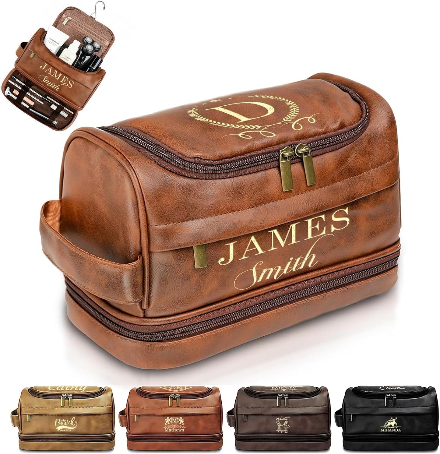 Personalized Toiletry Bag - Custom Engraved Leather Travel Kit | Waterproof Shaving Bag for Men, Great Gift for Dad, Husband, Groomsmen