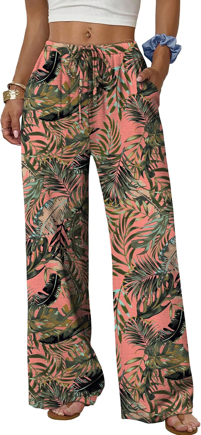 Wide Leg Pants for Women - Flowy Palazzo Trousers with Drawstring & Pockets | Summer Beach Vacation Wear
