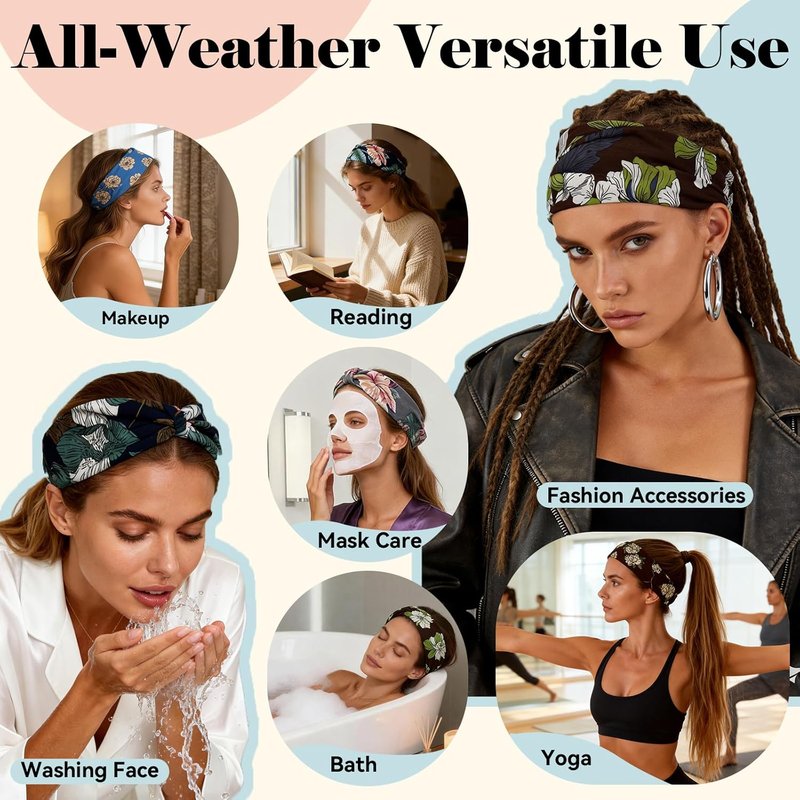 Floral Boho Headbands for Women - 6 Pack Elastic Non-Slip Hairbands | Comfortable Workout & Spa Accessories