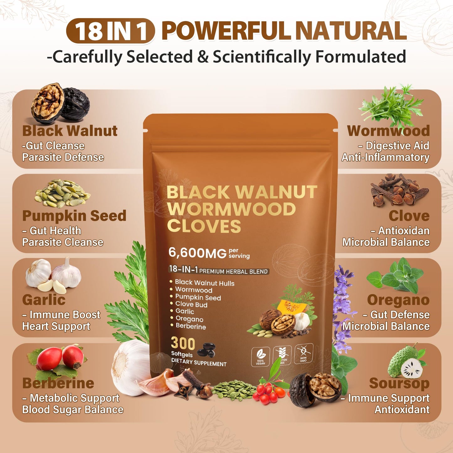 18-in-1 Wormwood Black Walnut Clove Parasite Cleanse | Gut Cleanse & Detox ,Digestive Balance with Garlic, Turmeric, Pumpkin Seed, Oregano, Berberine | Soy-Free,Gentle Nourishing Gut Formula,300 ct