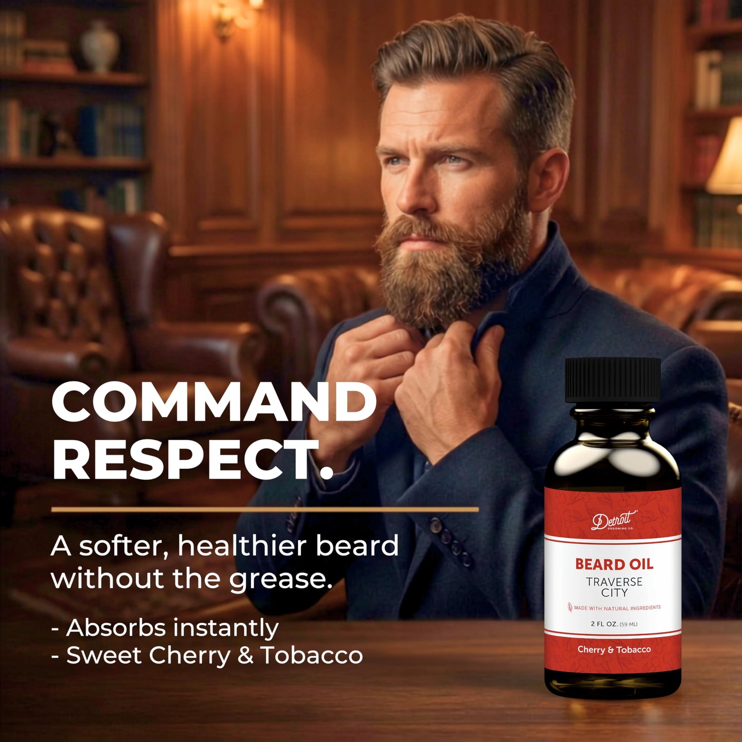 Detroit Grooming Co. Beard Oil (2oz) - Cherry & Tobacco - Premium Nourishing Formula with Sweet Almond Oil & Vitamin E - Men's Beard Softener & Moisturizer - Double Size