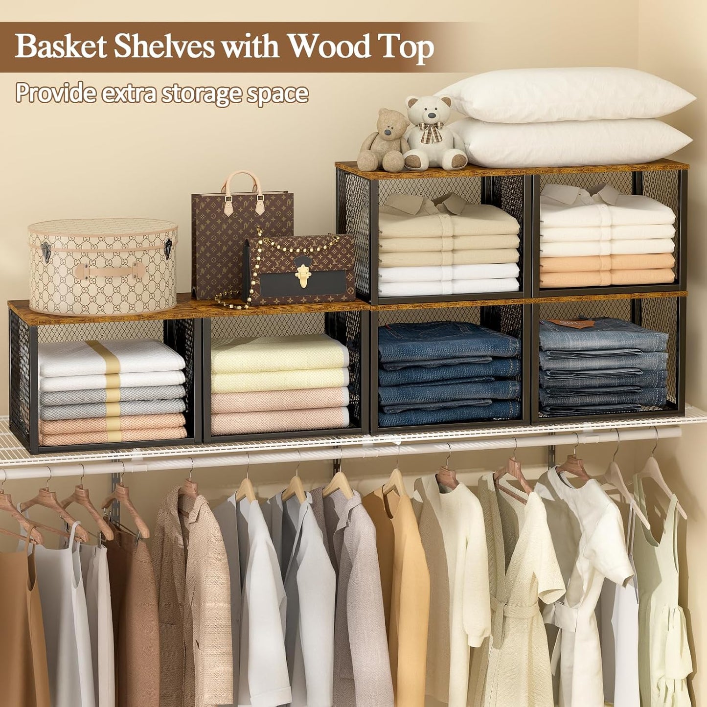 Stackable Closet Organizers - Multifunctional Storage Baskets with Wood Top | 3 Pack, Black