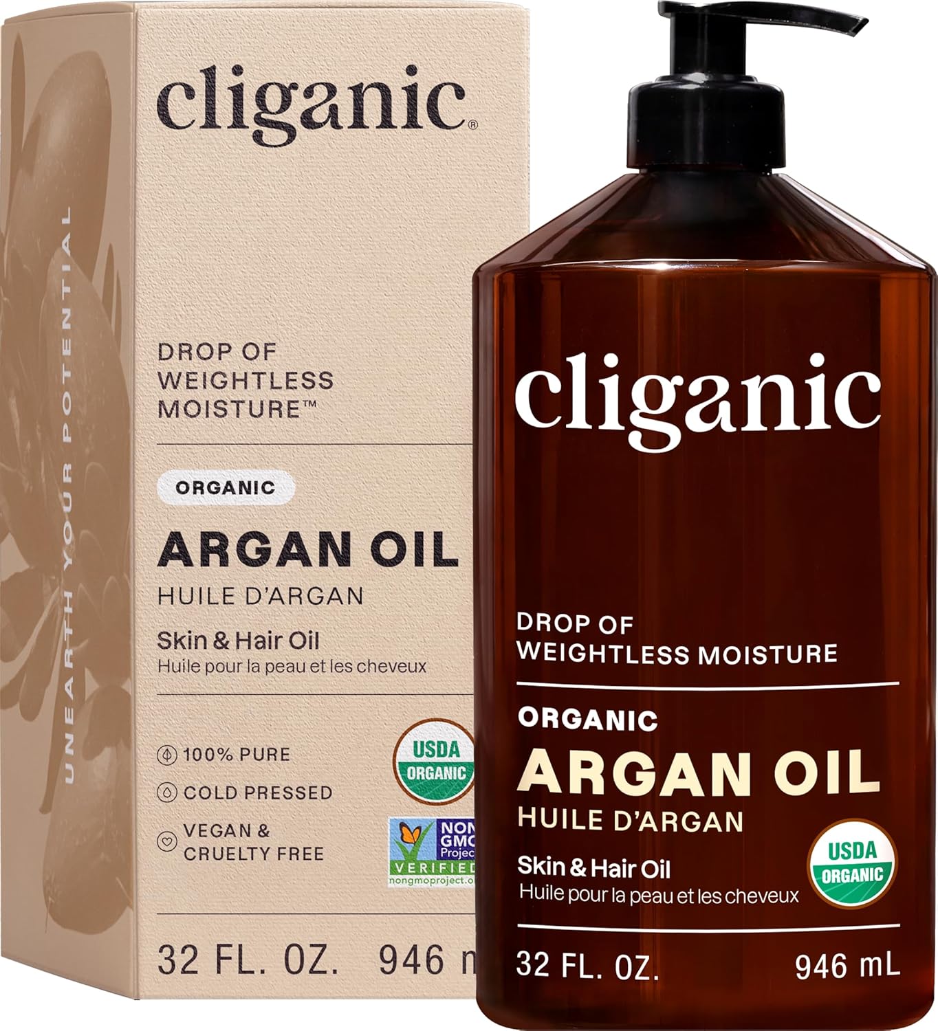 Cliganic Organic Argan Oil - 100% Pure Cold Pressed Carrier Oil for Hair, Face & Skin | 4 oz