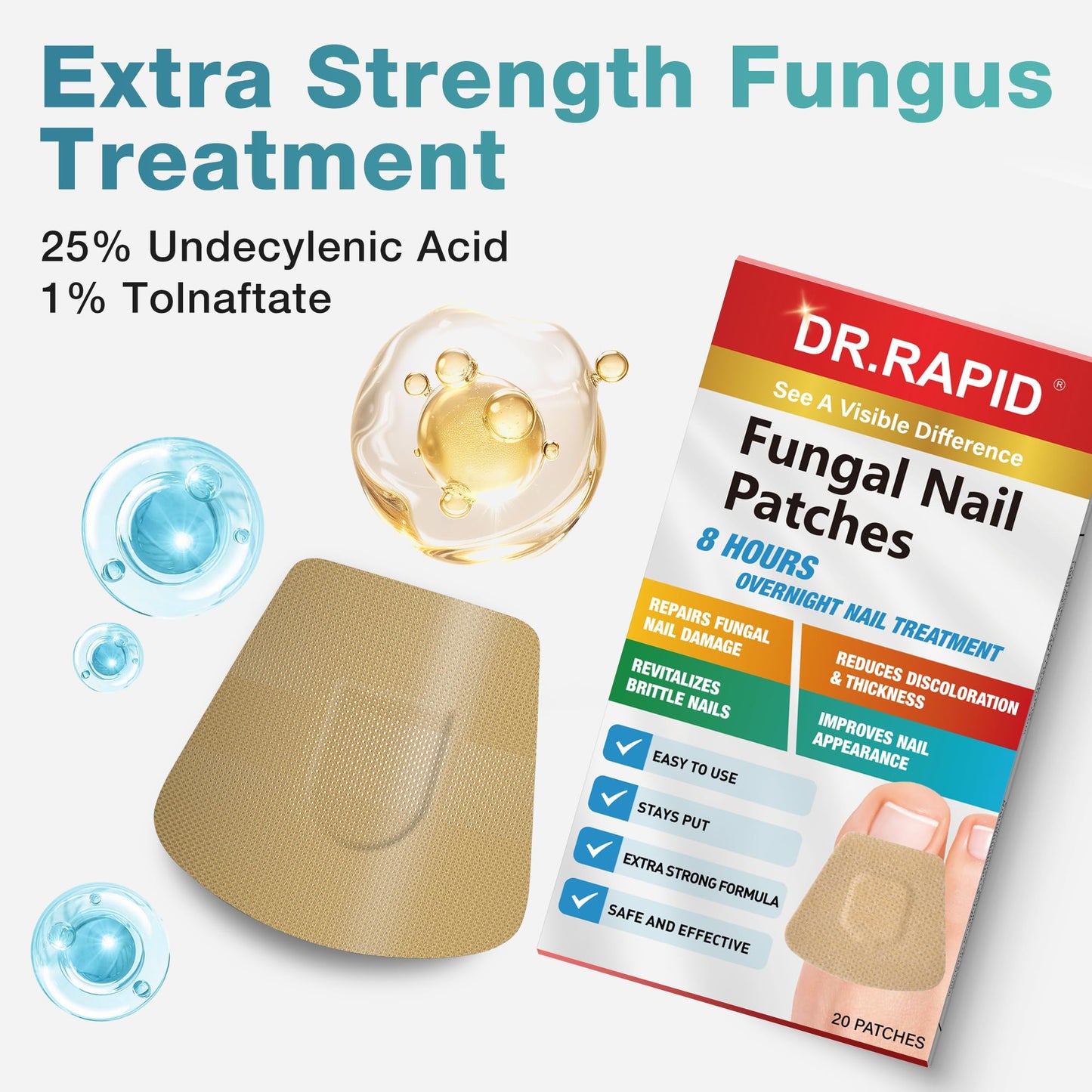 DR.RAPID Fungal Nail Patches, Toenail Fungus Treatment Extra Strength - 20 Fungal Nail Patches for Toe Nail Fungus Treatments, 8-Hour Nighttime Nail Fungus Patches for Nail Fungus Treatment