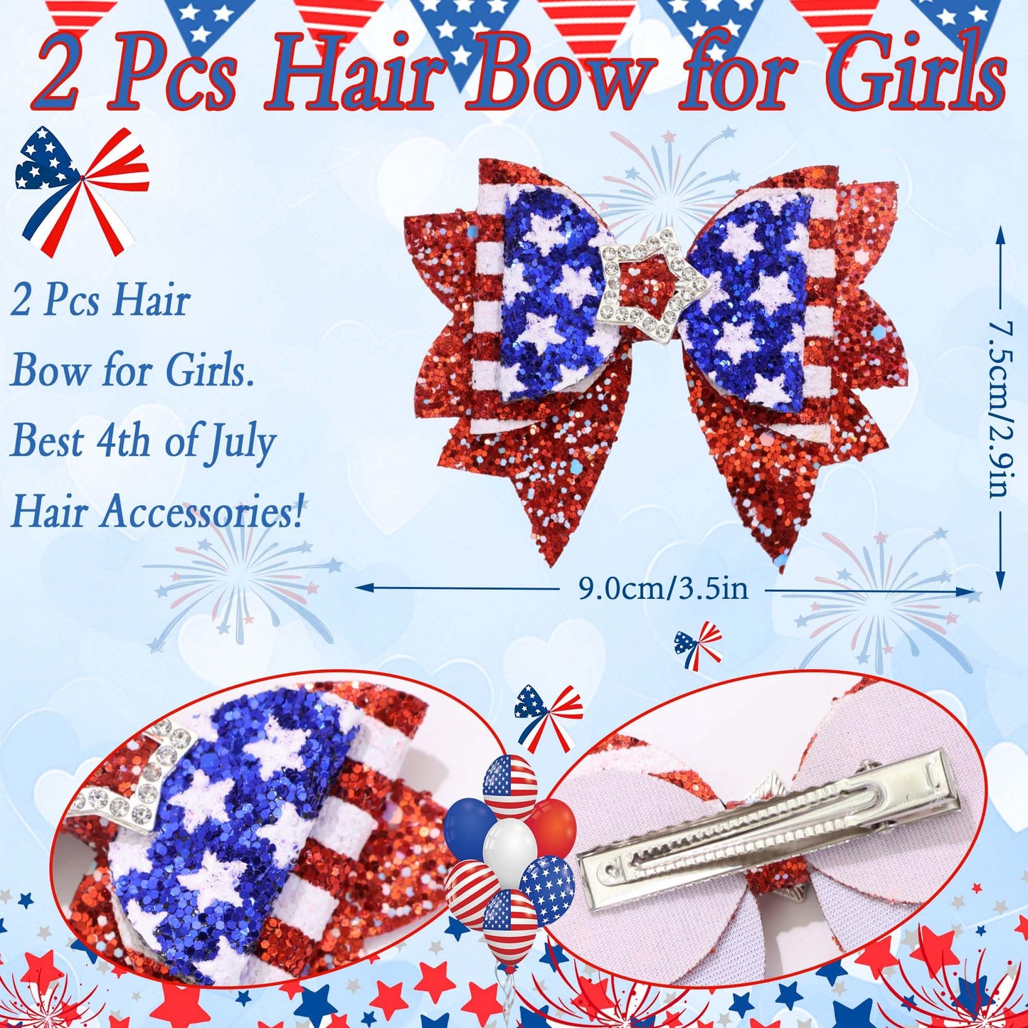FARSYOD Fourth of July Hair Bow Glitter Patriotic Bows American Flag Print Bowknot Barrettes Sparkly Red White Blue Hairpin Cute Hair Accessories for 4th of July Independence Day