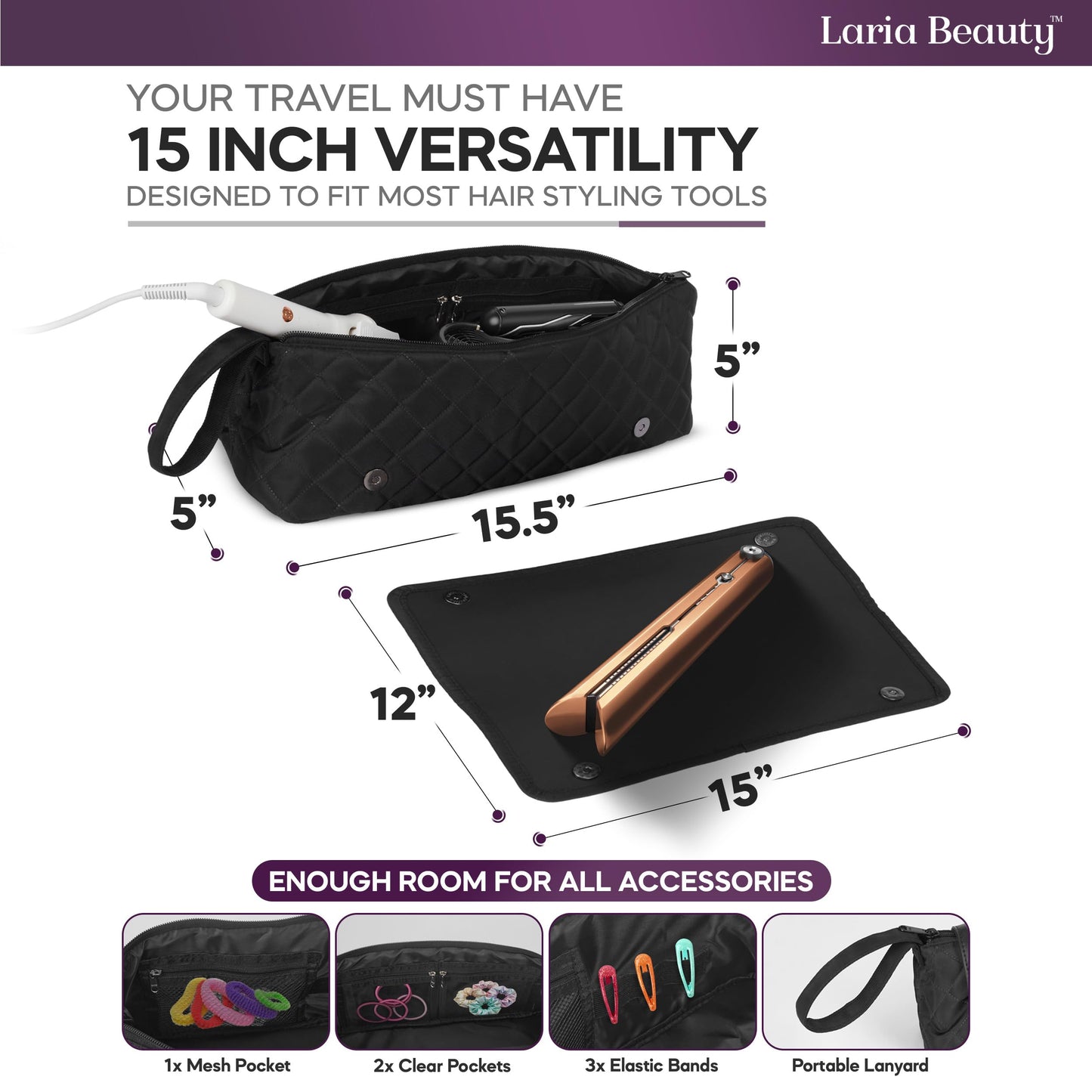 2-in-1 Hot Hair Tools Travel Bag, Removable Heat-Resistant Silicone Mat, Clear Pockets for Accessories, Protects Surfaces from Burns, Ideal for Curling & Flat Irons, Includes Heat-Resistant Glove