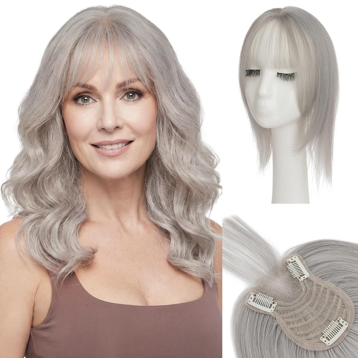 **Hair Toppers for Women - Real Human Hair with Curtain Bangs | 10-Inch Lace Base Clip-In Piece - #02 Dark Brown**
