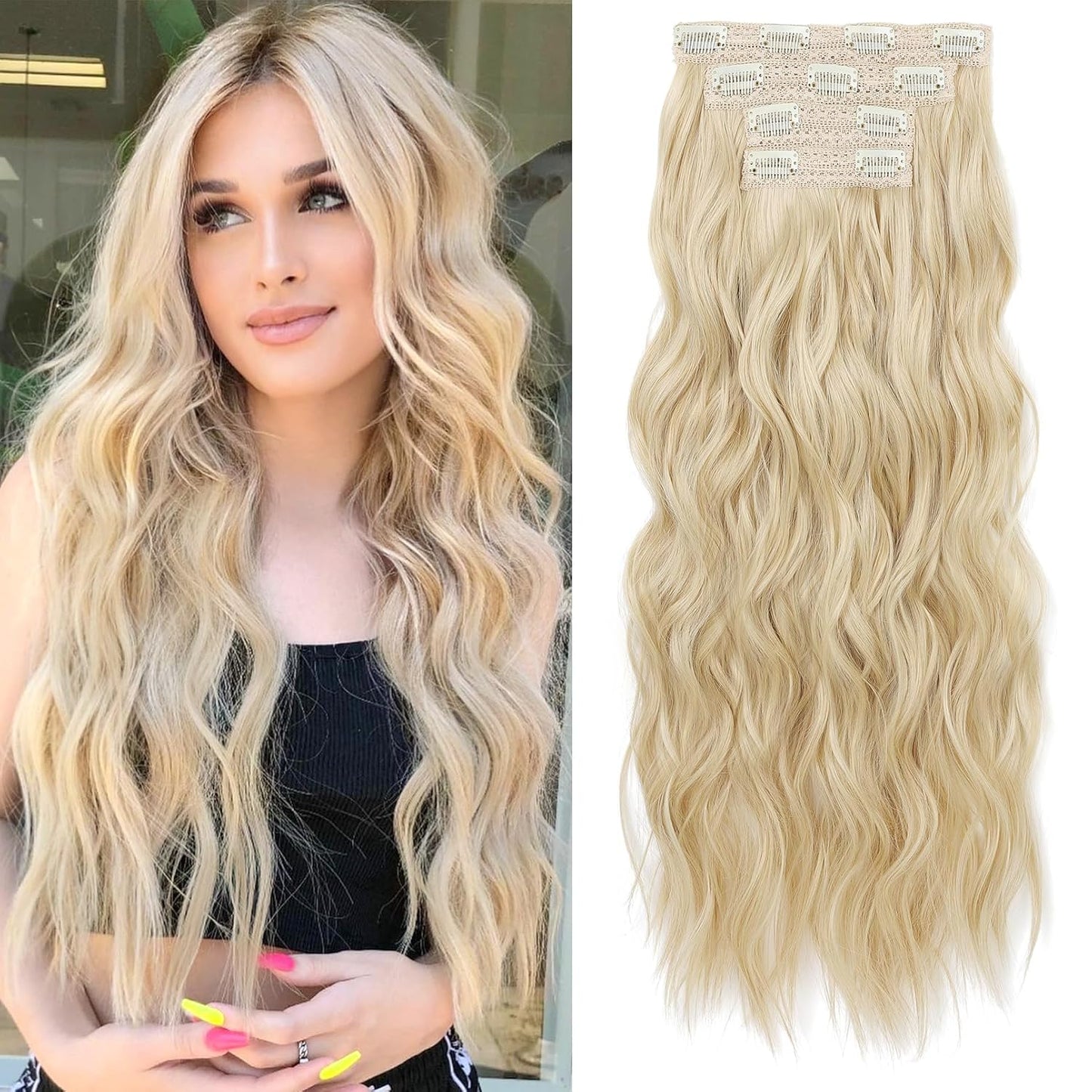 REECHO Clip-In Hair Extensions - 24" Thick Blonde Beach Waves | Invisible Lace Weft, Natural Soft Hairpieces for Women