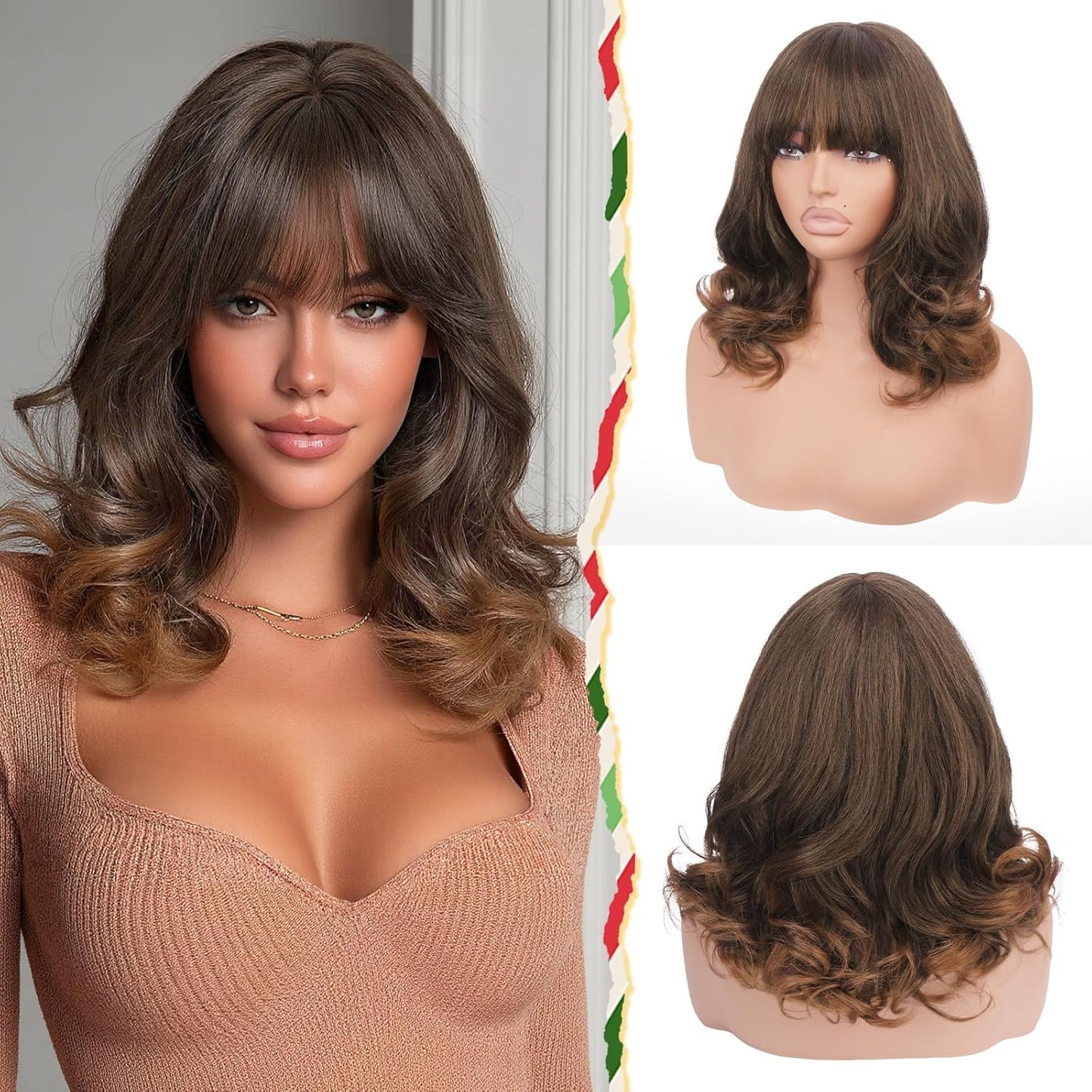 Layered Body Wave Wig with Bangs for Women - 16 Inch Heat Resistant Synthetic Hair | Natural Looking Auburn Mix Dark Brown
