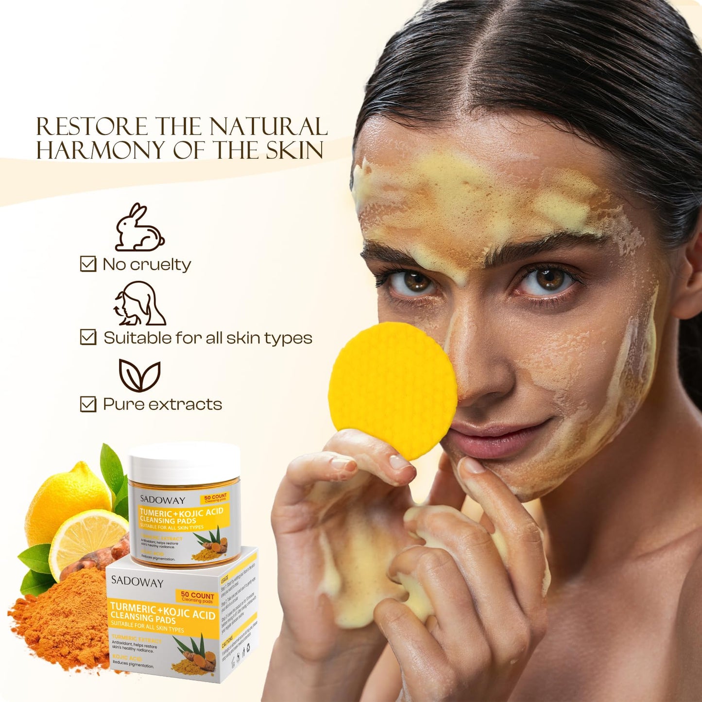 Turmeric Kojic Acid Cleansing Pads: 50PCS Turmeric Kojic Acid Pads Cleansing and Exfoliation Helps for Balance Skin Oil