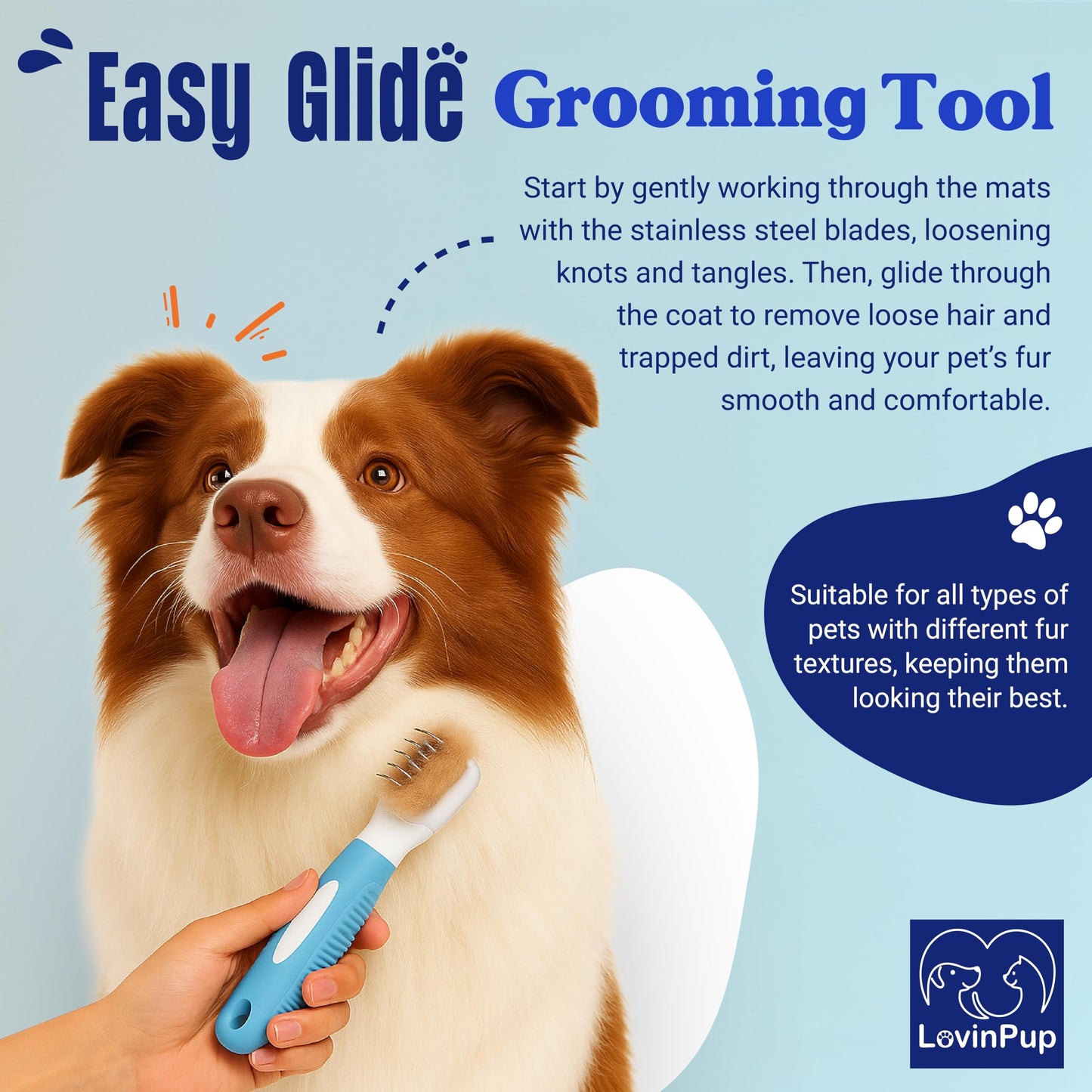 LOVINPUP Pet Mat Remover – Professional Dematting Comb for Dogs and Cats – Stainless Steel Rounded Teeth for Gentle Knot & Tangle Removal – Dog Dematting Tools & Dog Grooming Supplies