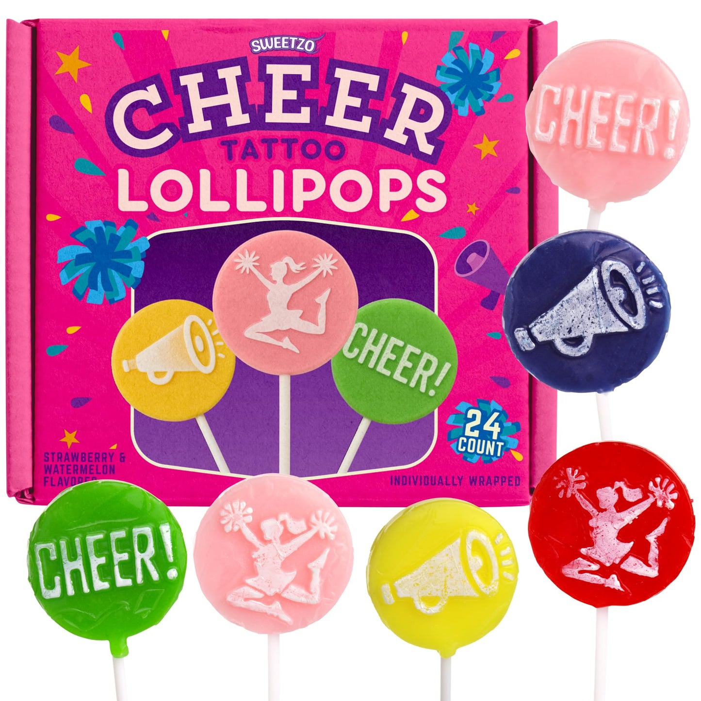 Cheer Tattoo Lollipops, Team Party Favor Candy Gifts, Pack of 24