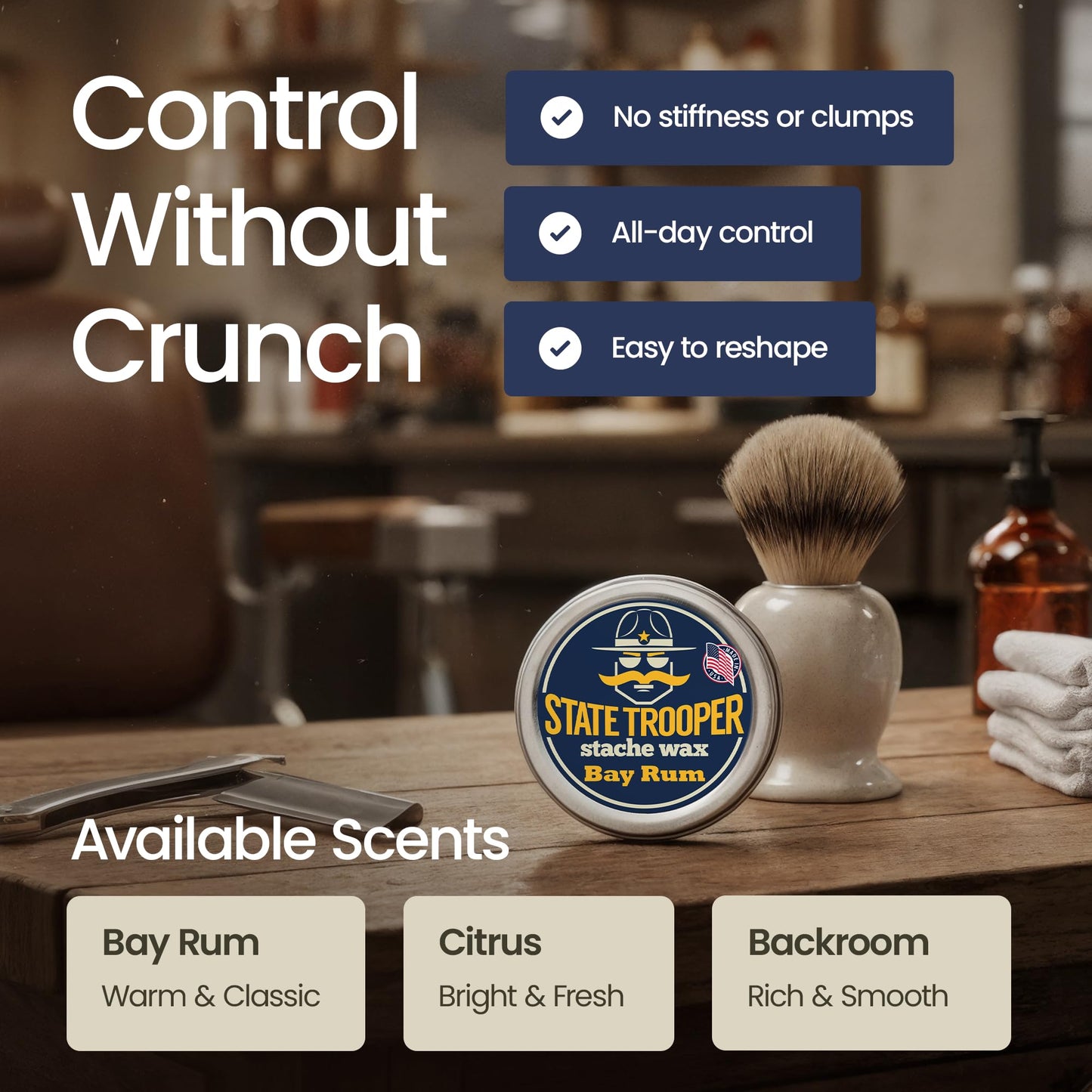 State Trooper Bay Rum - Medium Hold Mustache Wax with Beeswax, Coconut Oil & Lanolin – Natural Moustache Grooming & Styling - Nourishing Moustache Conditioner & Sculpting - 1 Ounce Tin