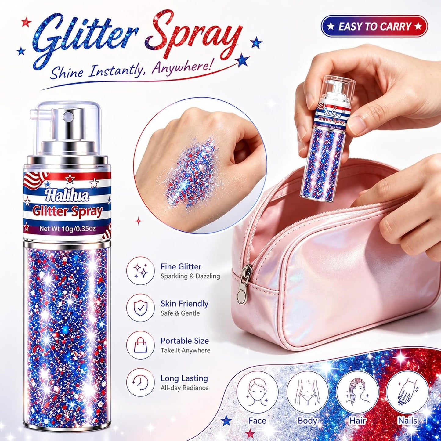Patriotic Body Glitter Spray - Red, White & Blue Shimmer for 4th of July | Face, Hair & Nail Art Accessory