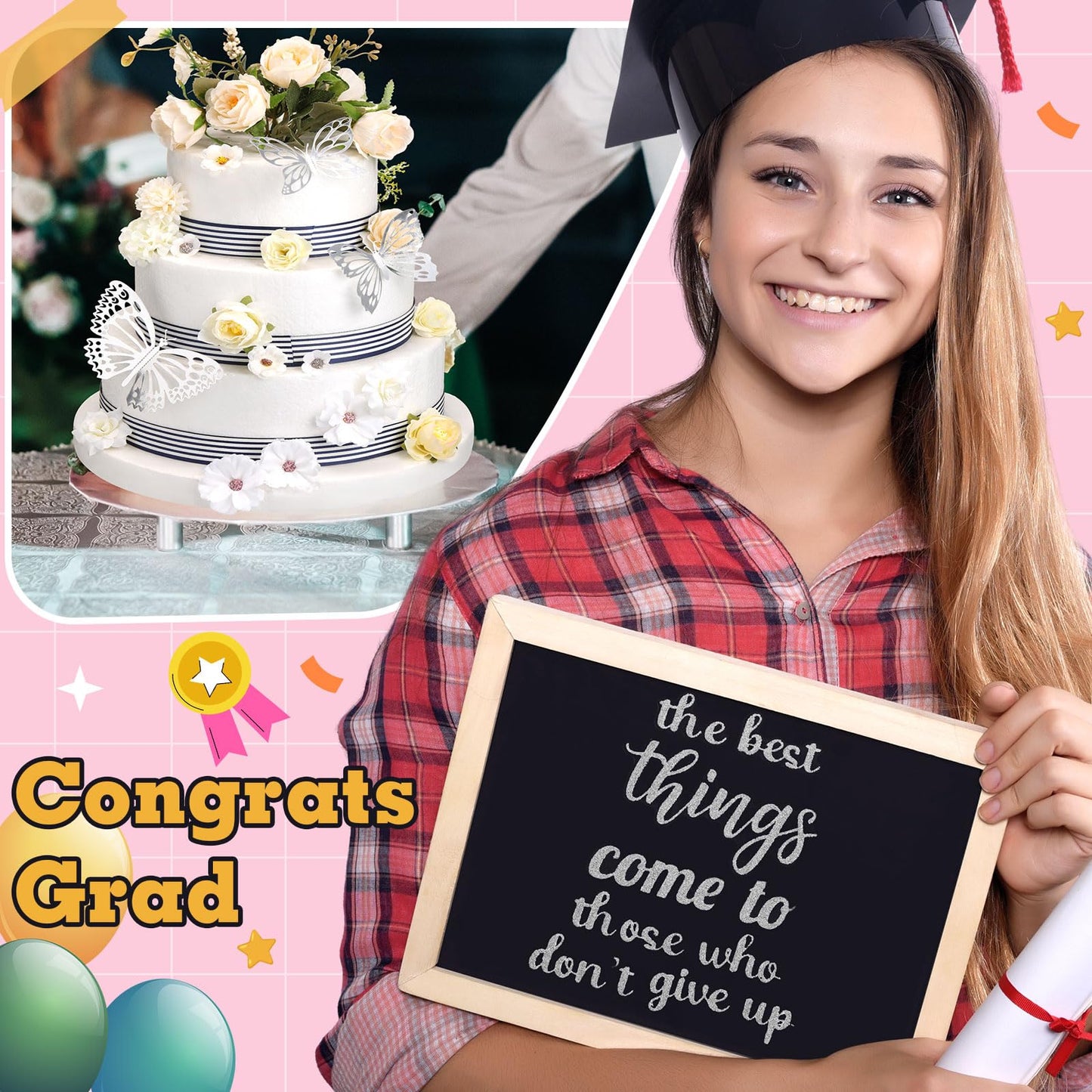 Feifeiya 36 Pcs DIY 2026 Graduation Cap Decorations Accessory Kit Include Faux Flower Heads Graduation Quotes Glitter Stickers 3D Butterfly for Grad Cap Topper DIY Gift(Silver,Inspirational)
