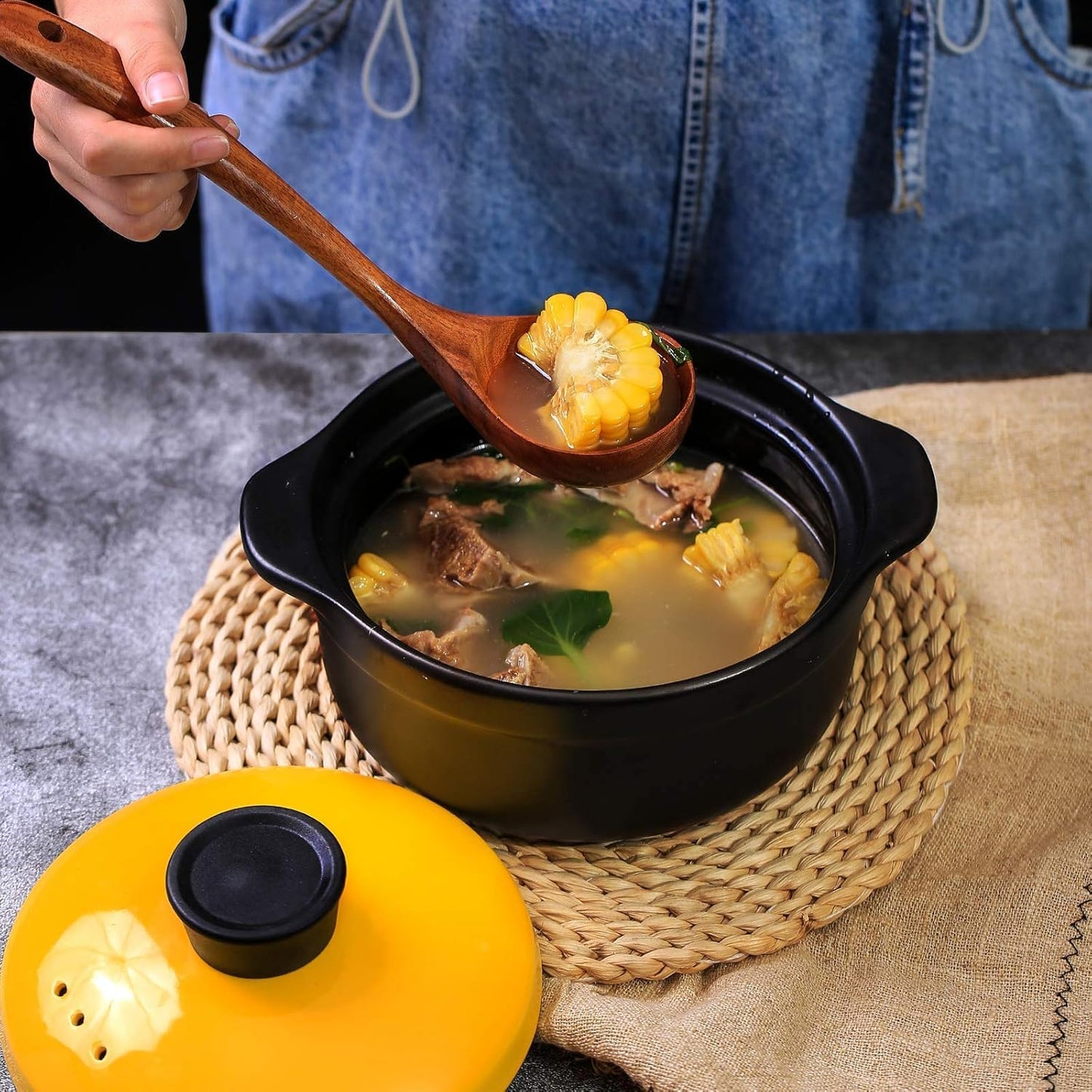 Wooden Long Handle Spoon - Large Kitchen Utensil for Non-Stick Pots & Pans | Perfect for Cooking & Serving
