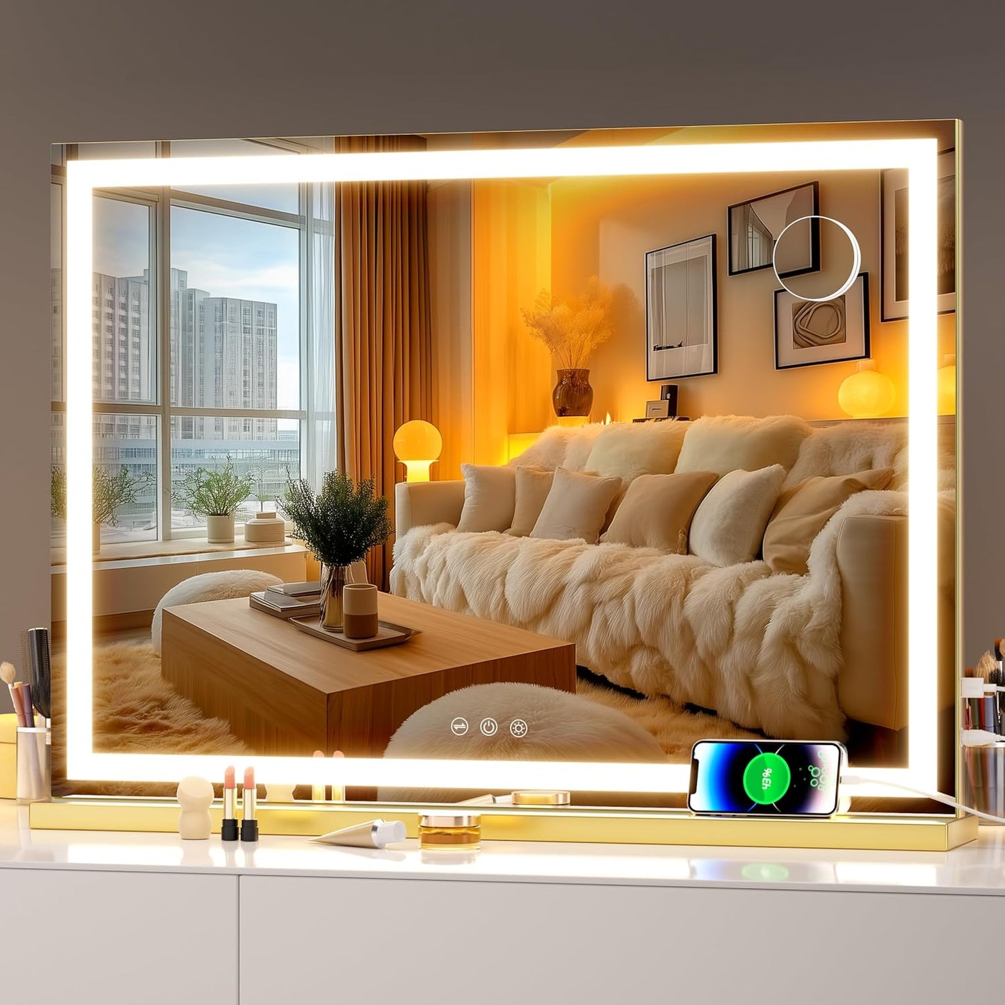 LED Makeup Mirror with Lights - 31.5" x 22" Dimmable Touch Screen Vanity Mirror | Round Black Design