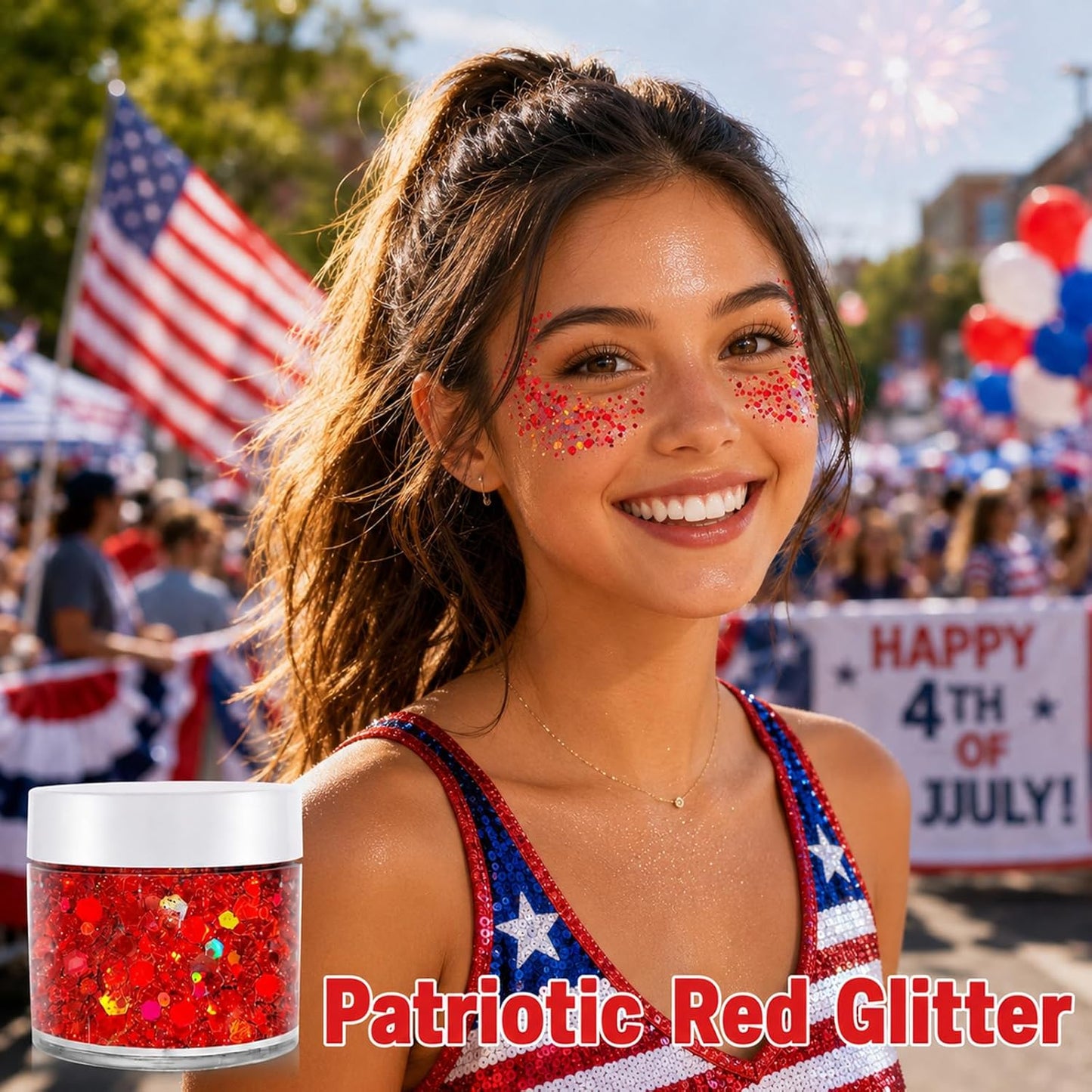Red Face Hair Glitter - Holographic Patriotic Body Glitter for 4th of July | Chunky Sequins for Festival Makeup
