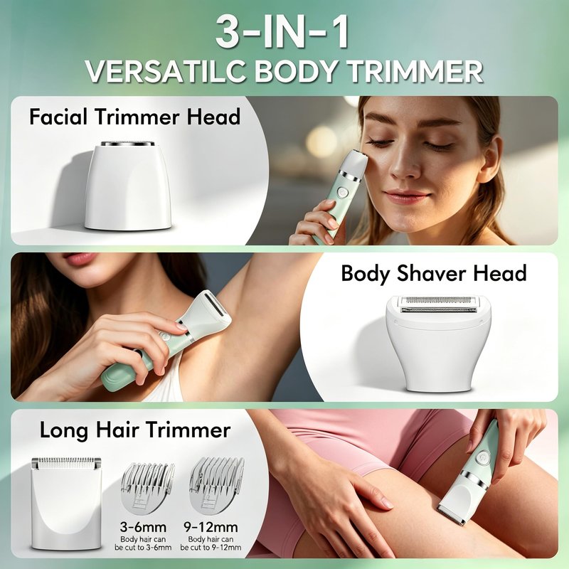 RUIM Women's 3-in-1 Bikini Trimmer, Electric Shaver for Pubic Hair & Body, Painless Lady Shaver for Legs Underarms Face, IPX6 Waterproof Wet/Dry, USB-C Cordless Razor, Gift for Mom