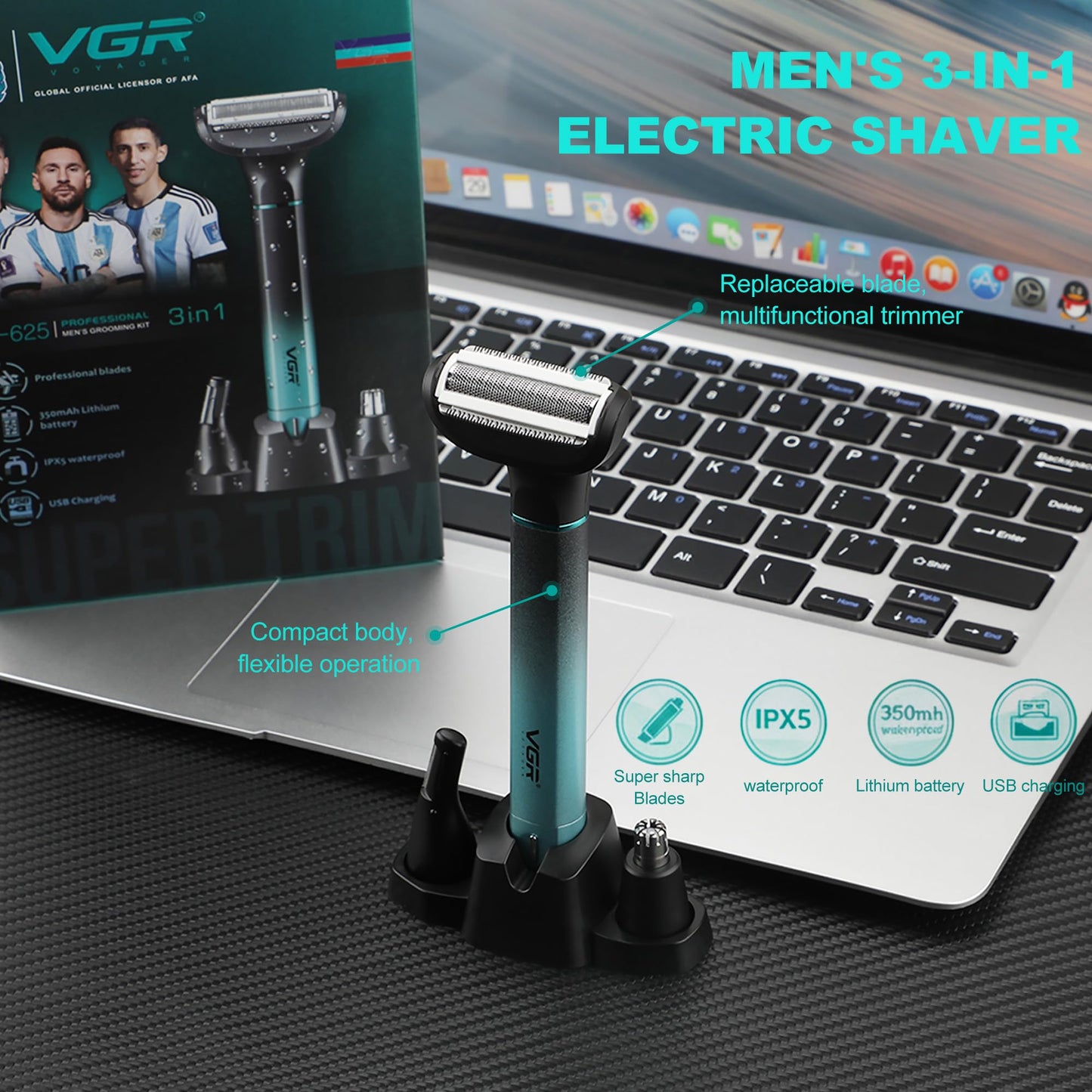 VGR 625 Body Hair Trimmer for Men,3-in-1 Versatile Electric Trimmer for Body/Eyebrow/Beard/Nose/Ear Hair,USB Rechargeable Mens Grooming Kits, IPX5 Waterproof Mens Shaver Portable Travel Set