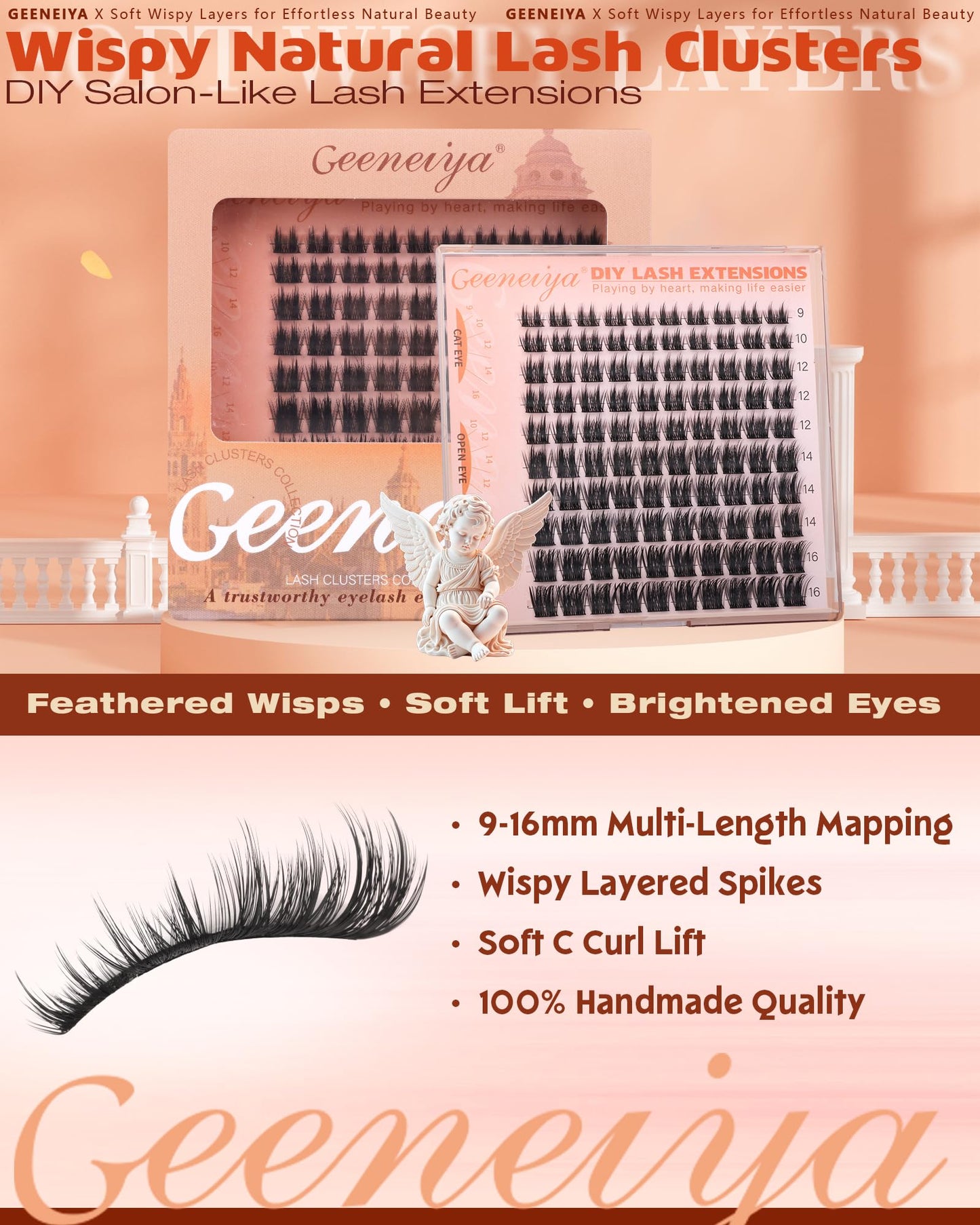Geeneiya Wispy Lash Clusters, 9-16MM Natural Eyelash Clusters, DIY Cluster Eyelash Extensions, C Curl Lashes Clusters for Beginners