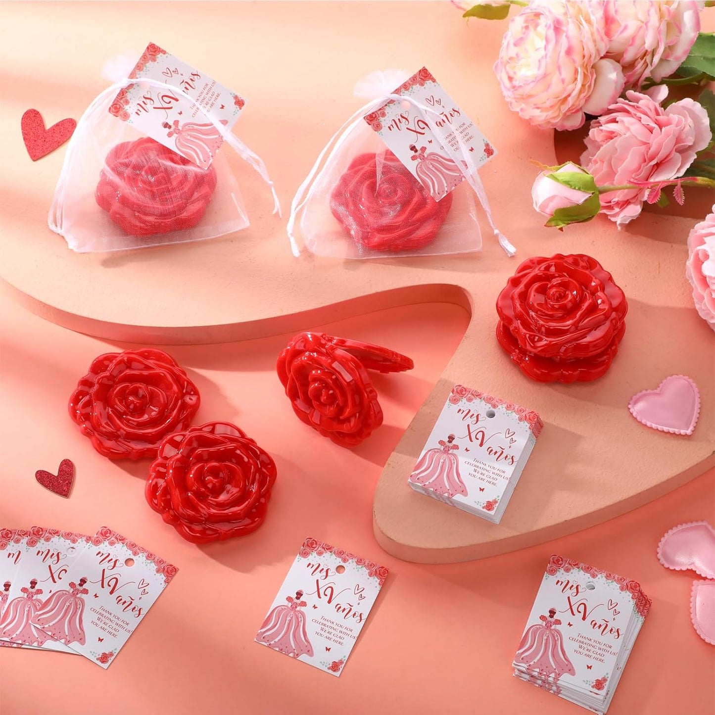 Quinceanera Party Favors - 50 Sets Rose Design Pocket Mirrors | Thank You Cards & Organza Bags (Red)