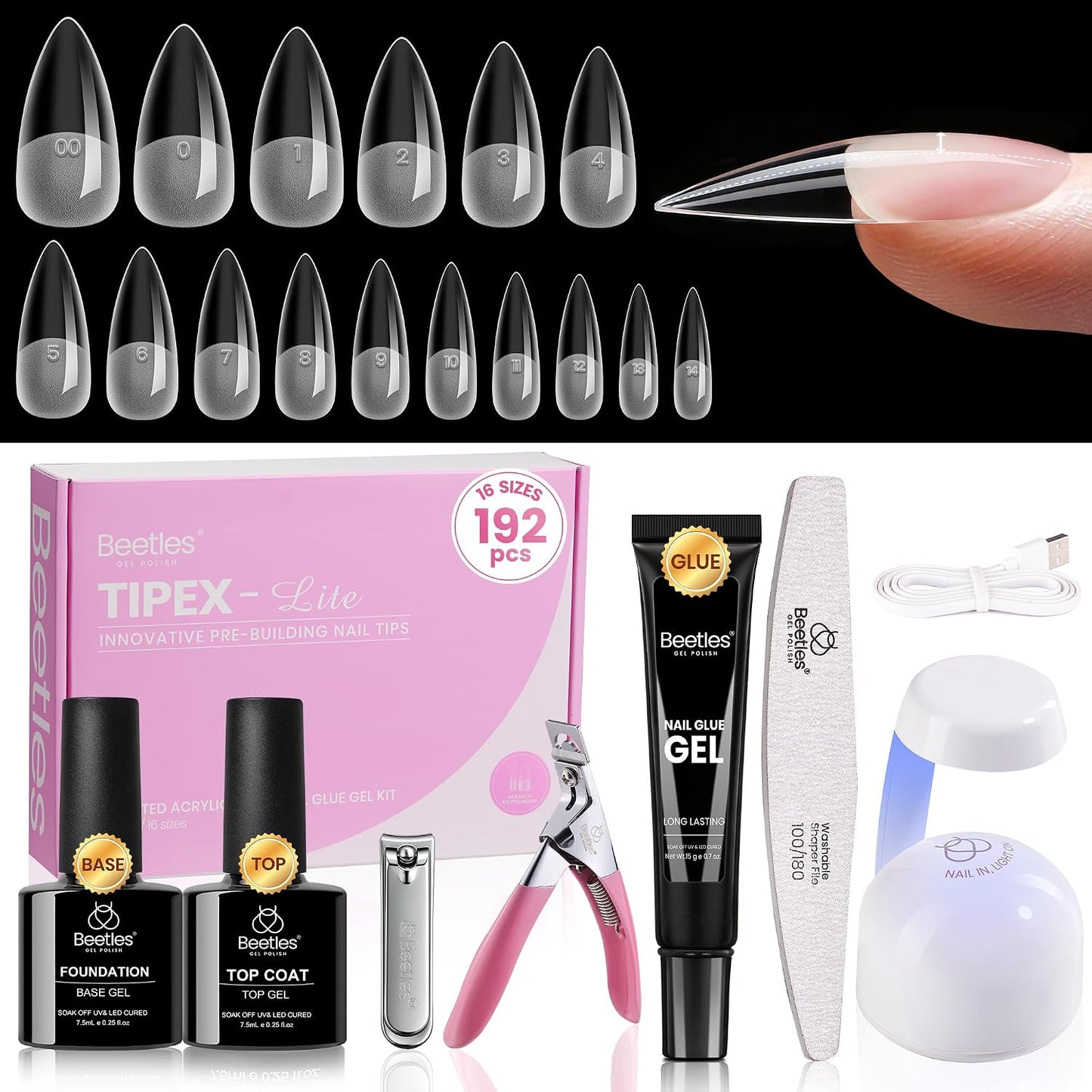 Beetles Tipex Lite Kit - All-in-One DIY Nail Art Set with Mini UV Lamp, 256PCS, Short Almond, 16 Sizes
