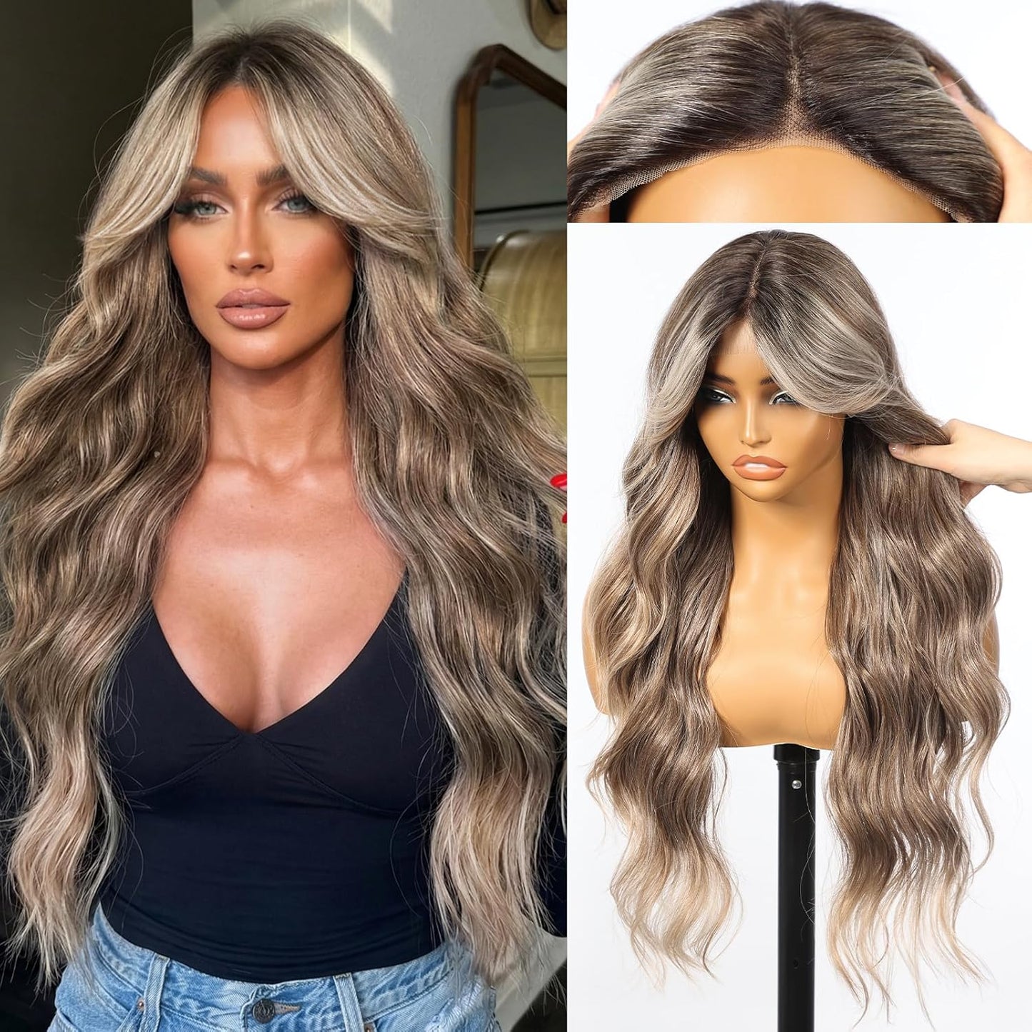 KOME Ash Brown Synthetic Lace Front Wig - T Part Glueless Long Body Wavy Style | 28 Inch with Bangs for Women