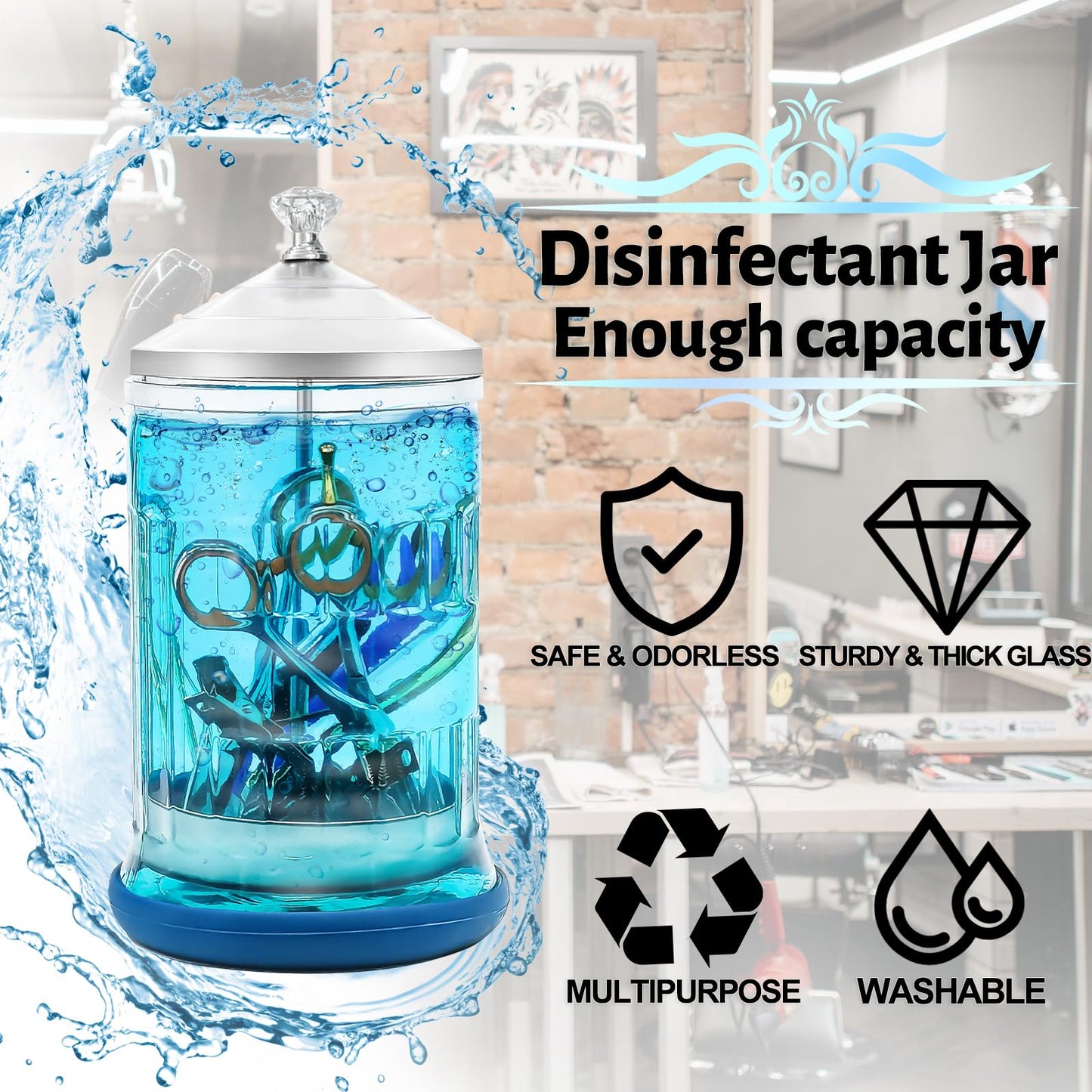 33 Oz Glass Disinfectant Jar with Removable Basket, Keedolla Barber Disinfecting Soaking Jar Glass Disinfecting Container for Barber Supplies, Spa and Nail Tools