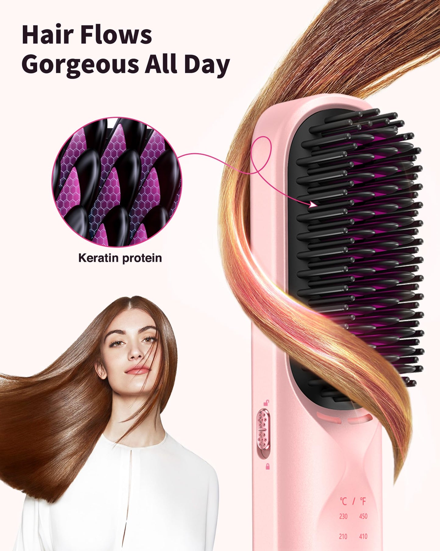 Cordless Hair Straightener Brush - Portable Hair Straightening Brush for Travel - 300M Negative Ions for Frizz-Free Shine, Touch Up On-The-Go, Fast Heating, Gift for Women, 10,000mAh